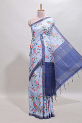 Lavender checked birds & floral design chanderi cotton saree with contrast border and blouse