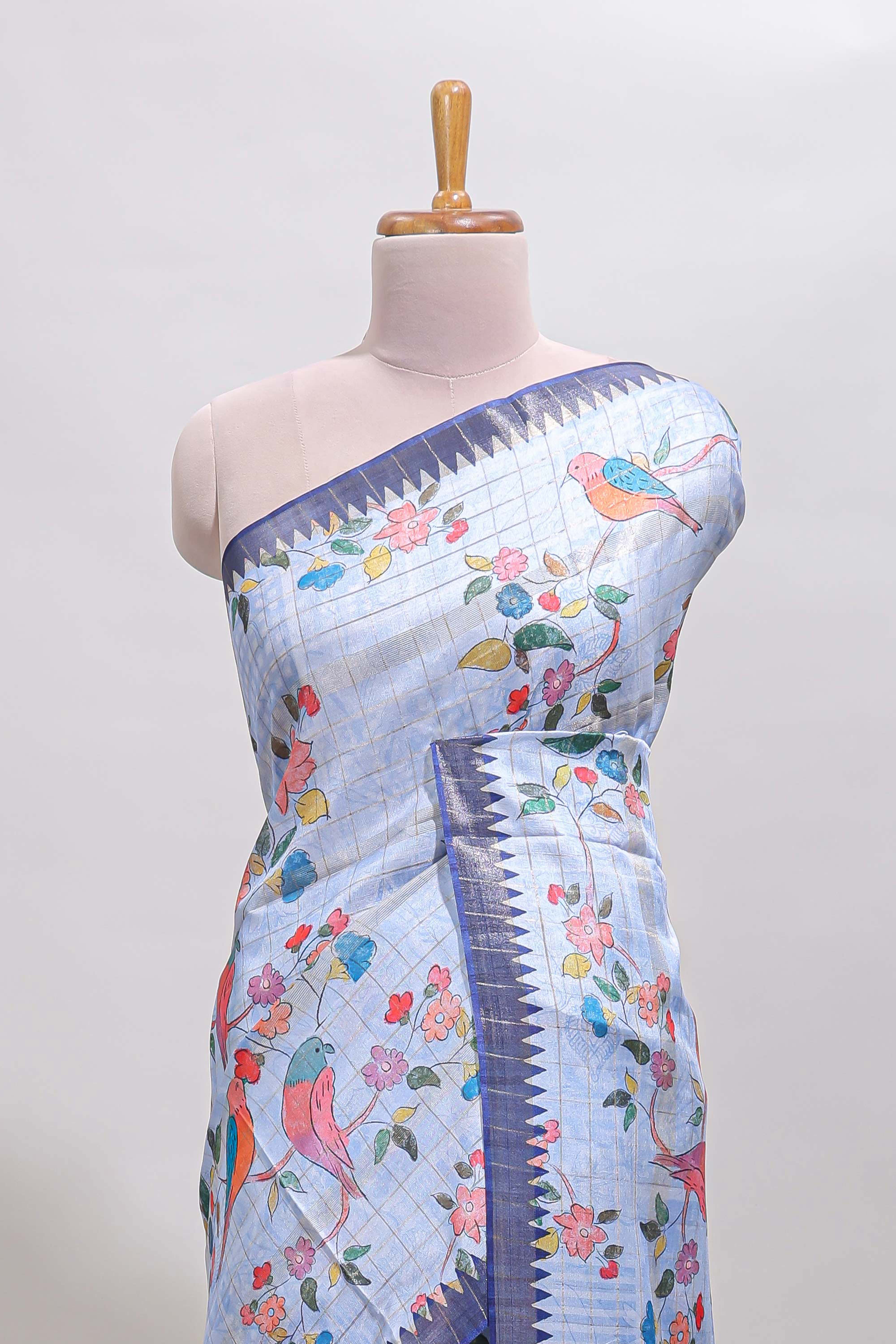 Lavender checked birds & floral design chanderi cotton saree with contrast border and blouse