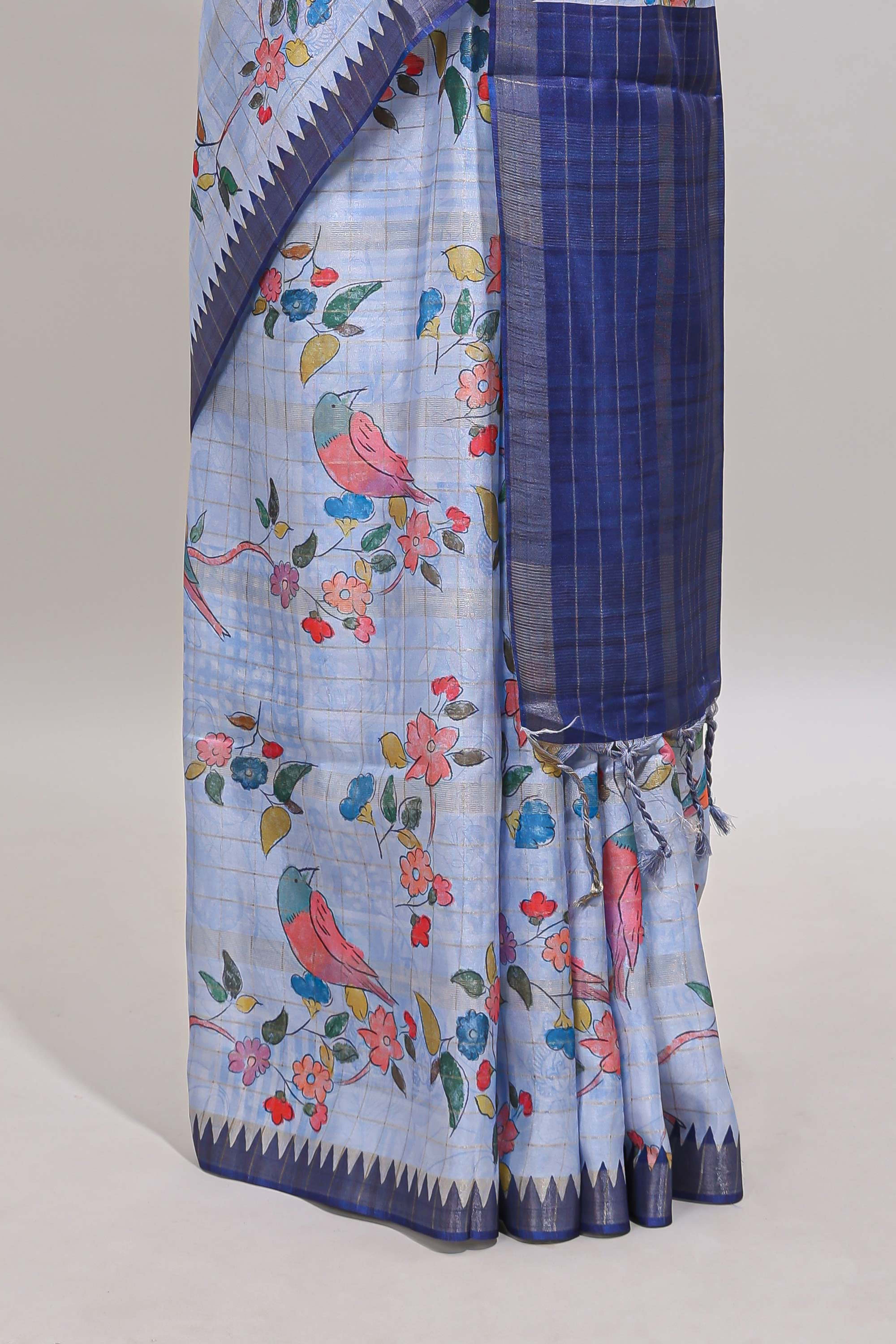 Lavender checked birds & floral design chanderi cotton saree with contrast border and blouse