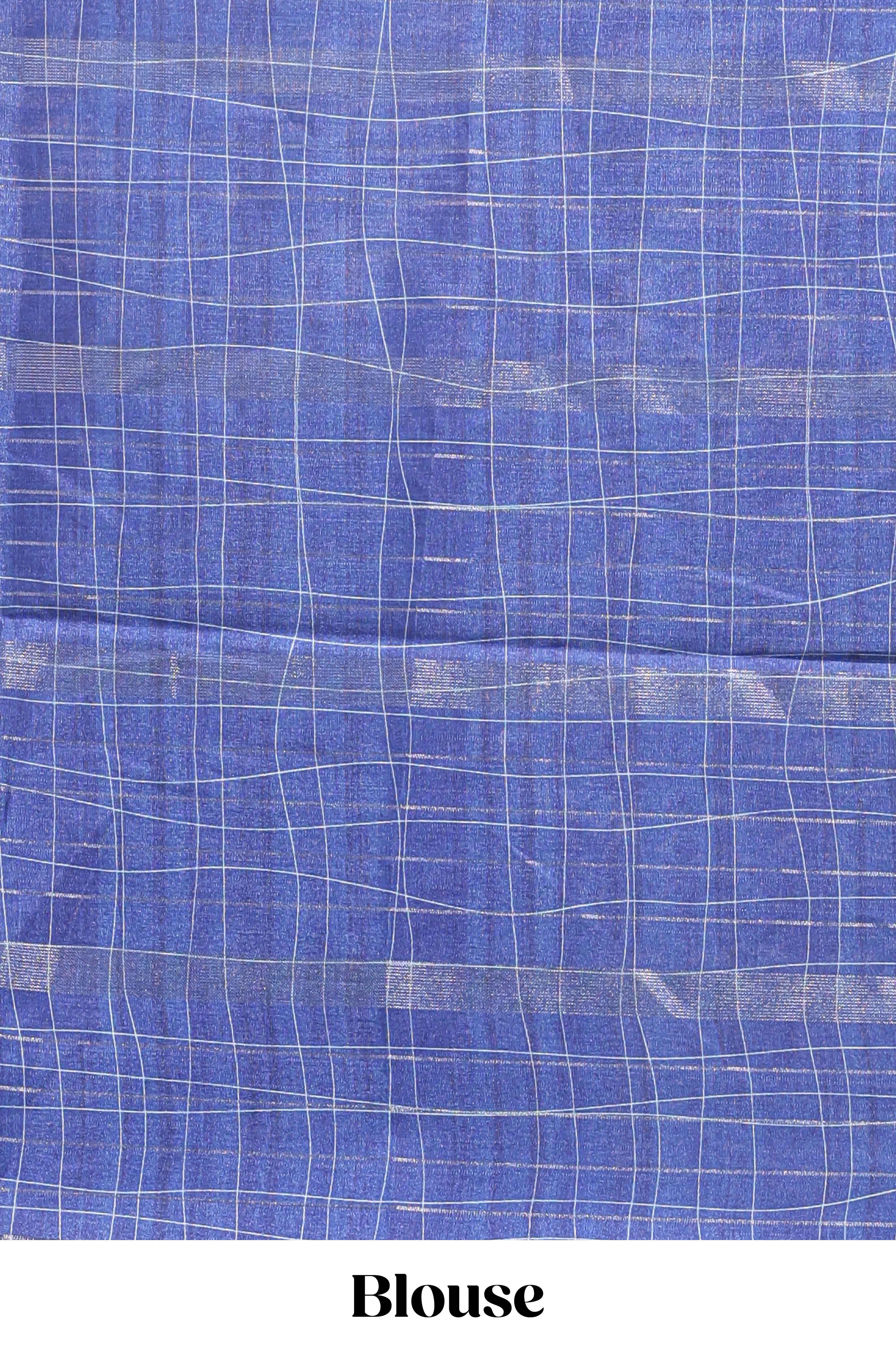 Lavender checked birds & floral design chanderi cotton saree with contrast border and blouse