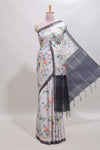 Grey checked birds & floral design chanderi cotton saree with contrast border and blouse