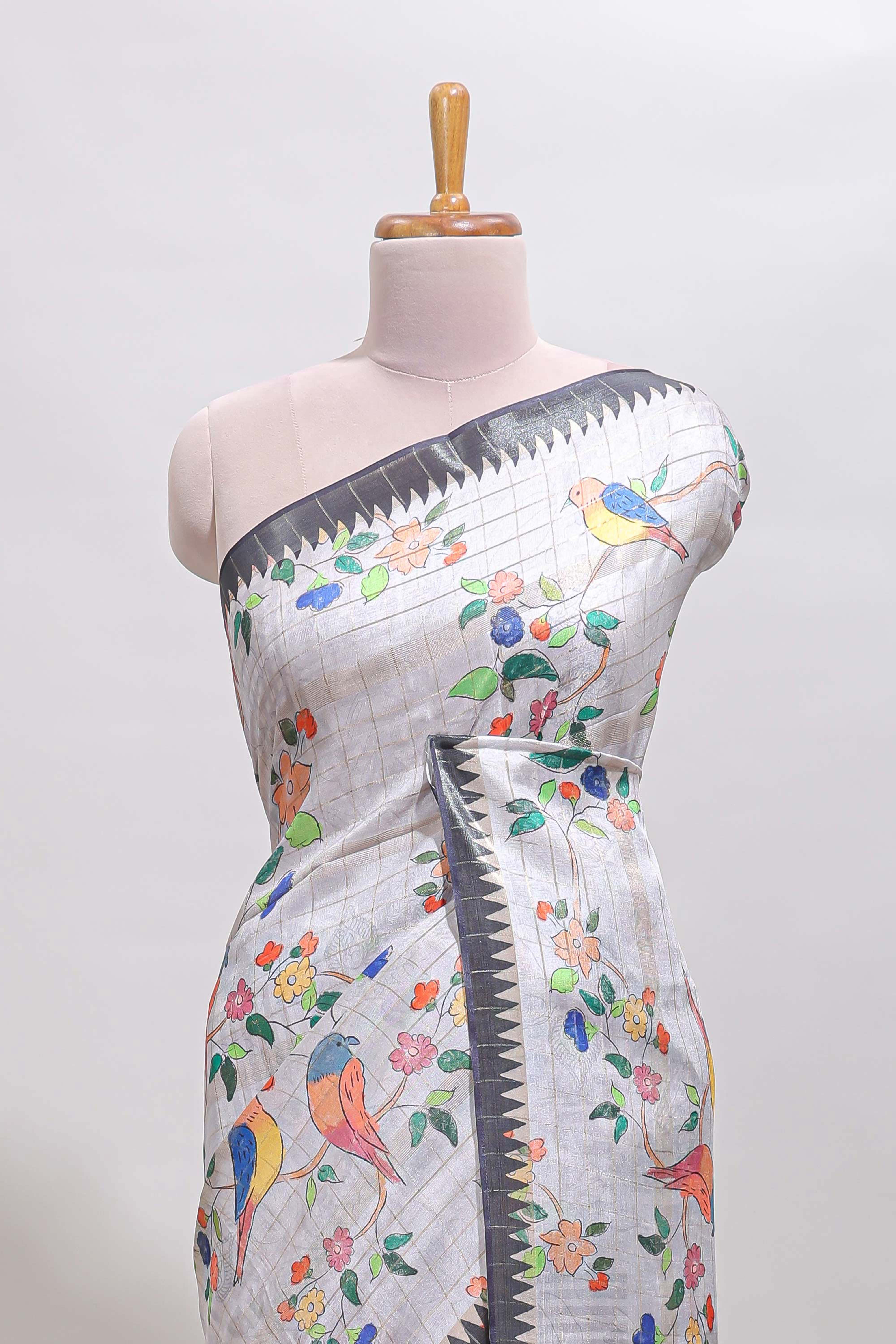 Grey checked birds & floral design chanderi cotton saree with contrast border and blouse