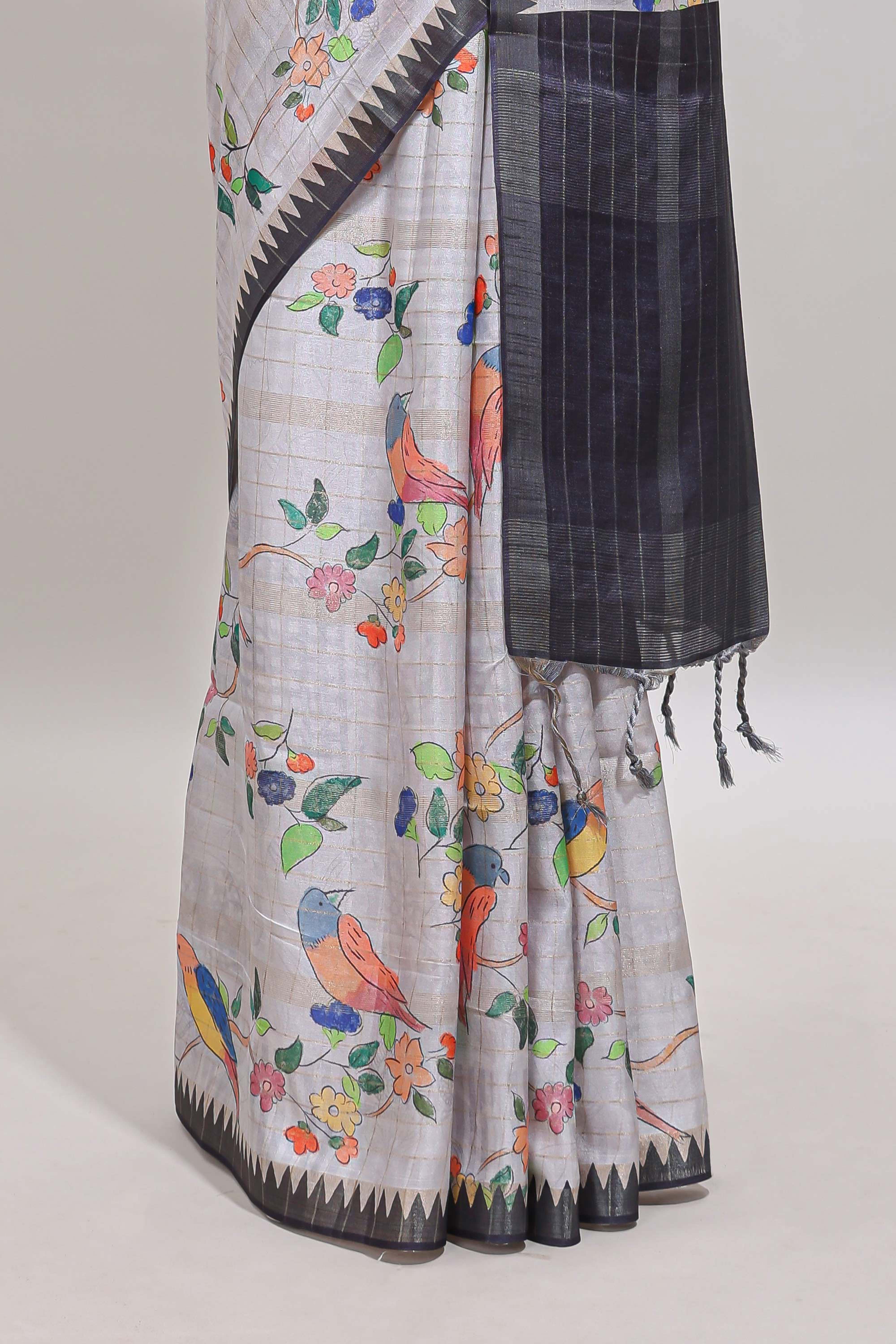 Grey checked birds & floral design chanderi cotton saree with contrast border and blouse