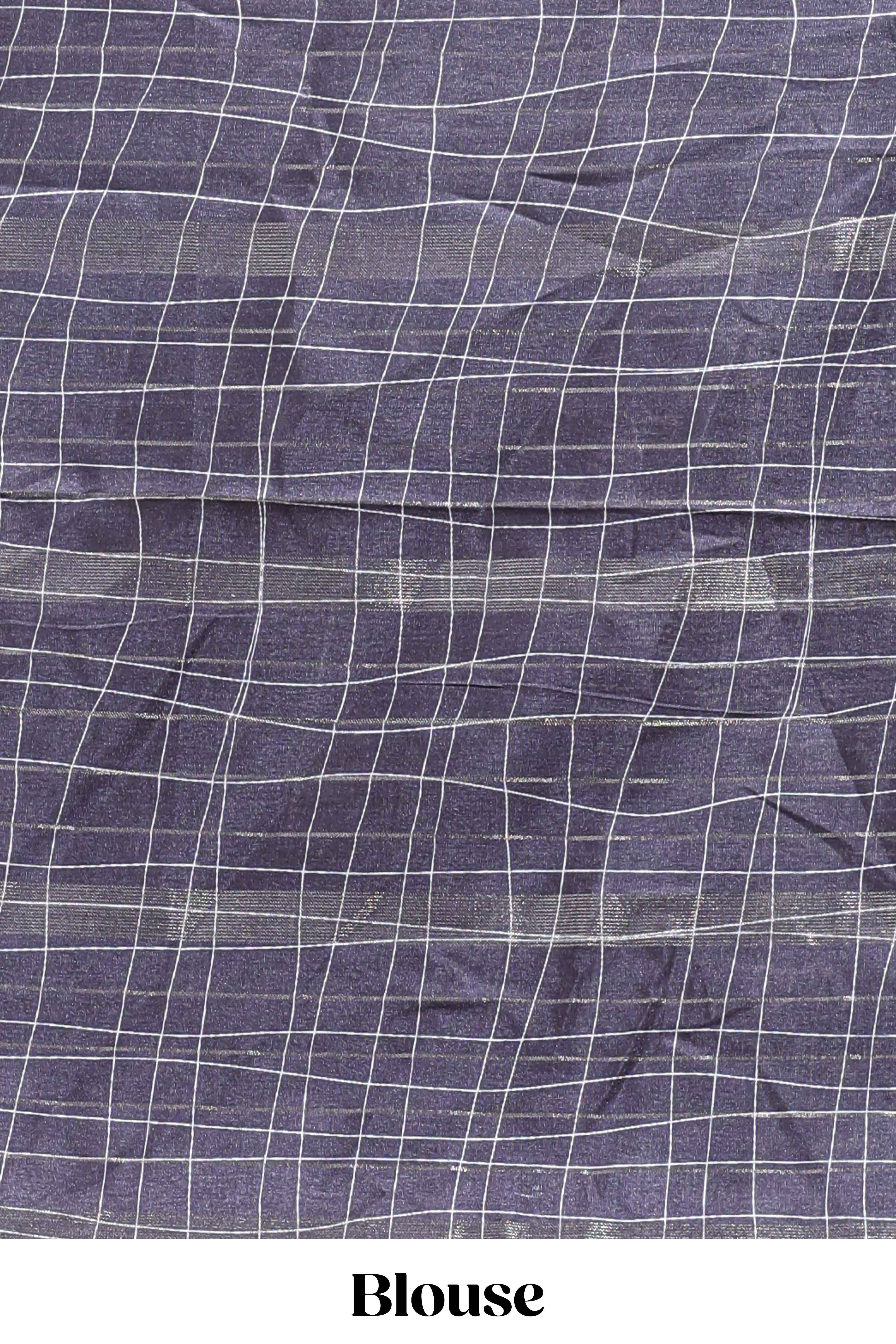 Grey checked birds & floral design chanderi cotton saree with contrast border and blouse