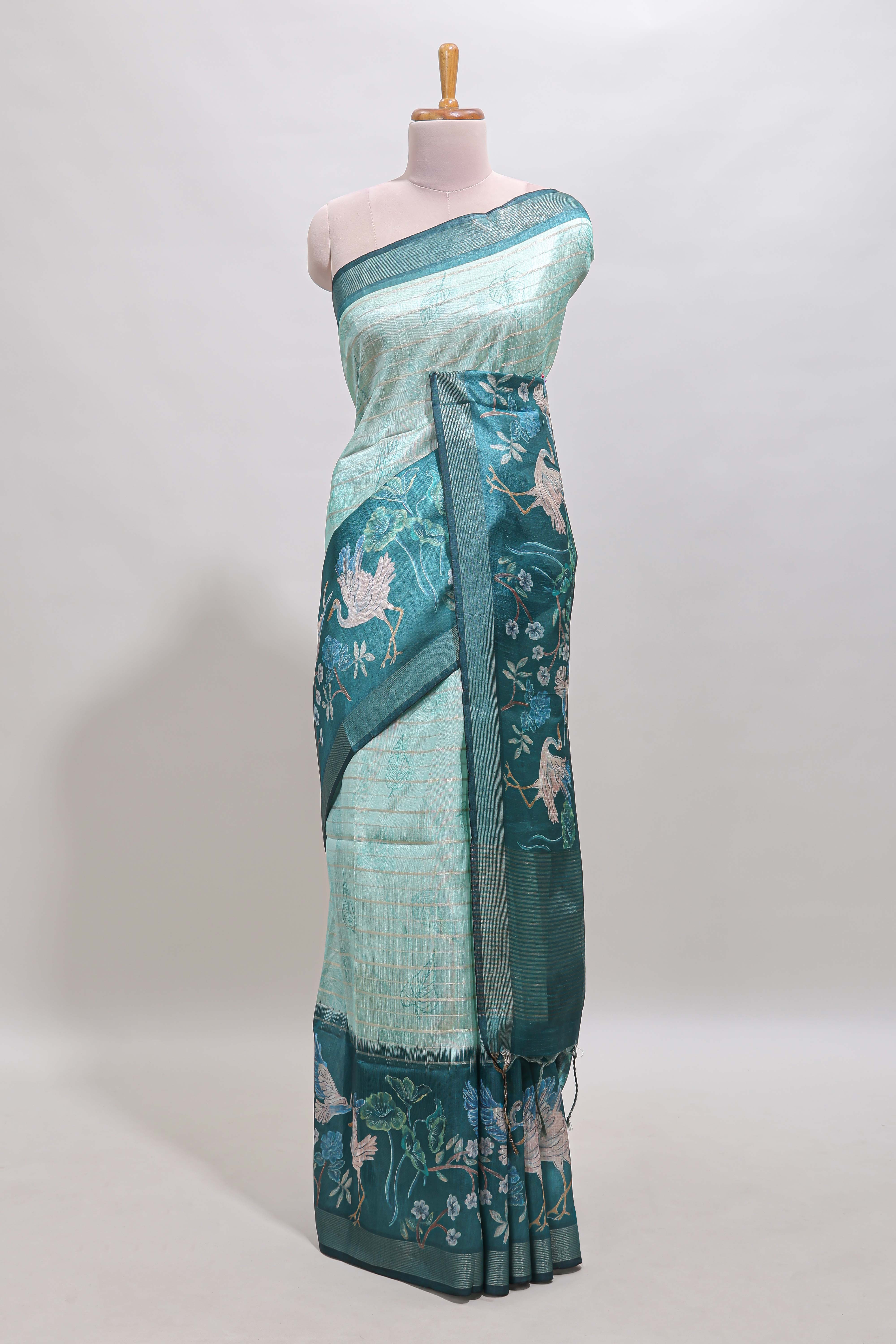 Green striped leaf design chanderi cotton saree with contrast floral & crane design border and blouse