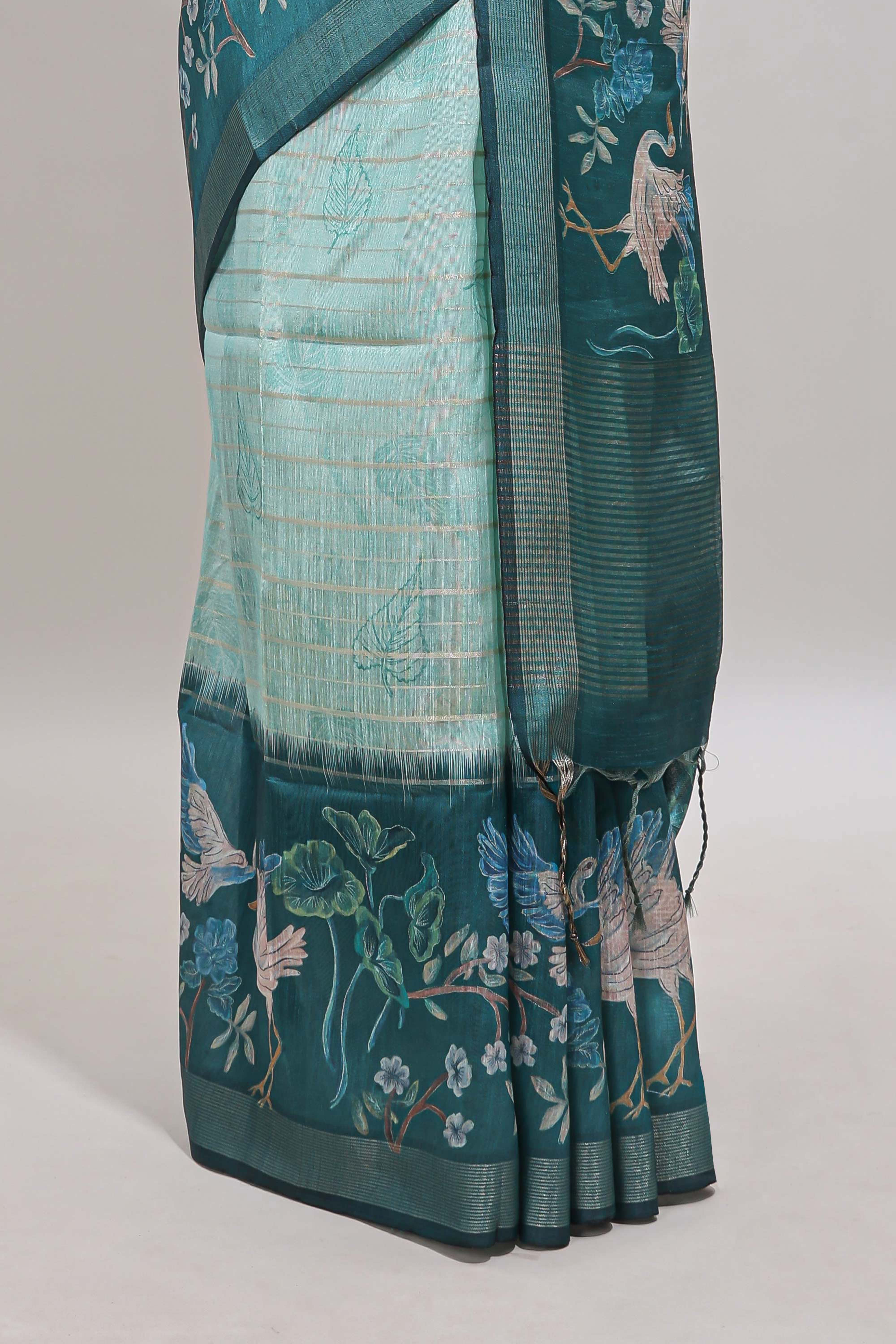 Green striped leaf design chanderi cotton saree with contrast floral & crane design border and blouse