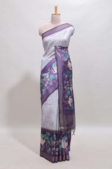 Violet striped leaf design chanderi cotton saree with contrast floral & crane design border and blouse