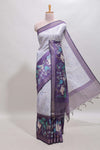 Violet striped leaf design chanderi cotton saree with contrast floral & crane design border and blouse