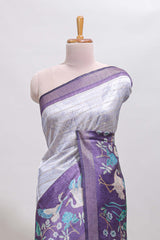 Violet striped leaf design chanderi cotton saree with contrast floral & crane design border and blouse