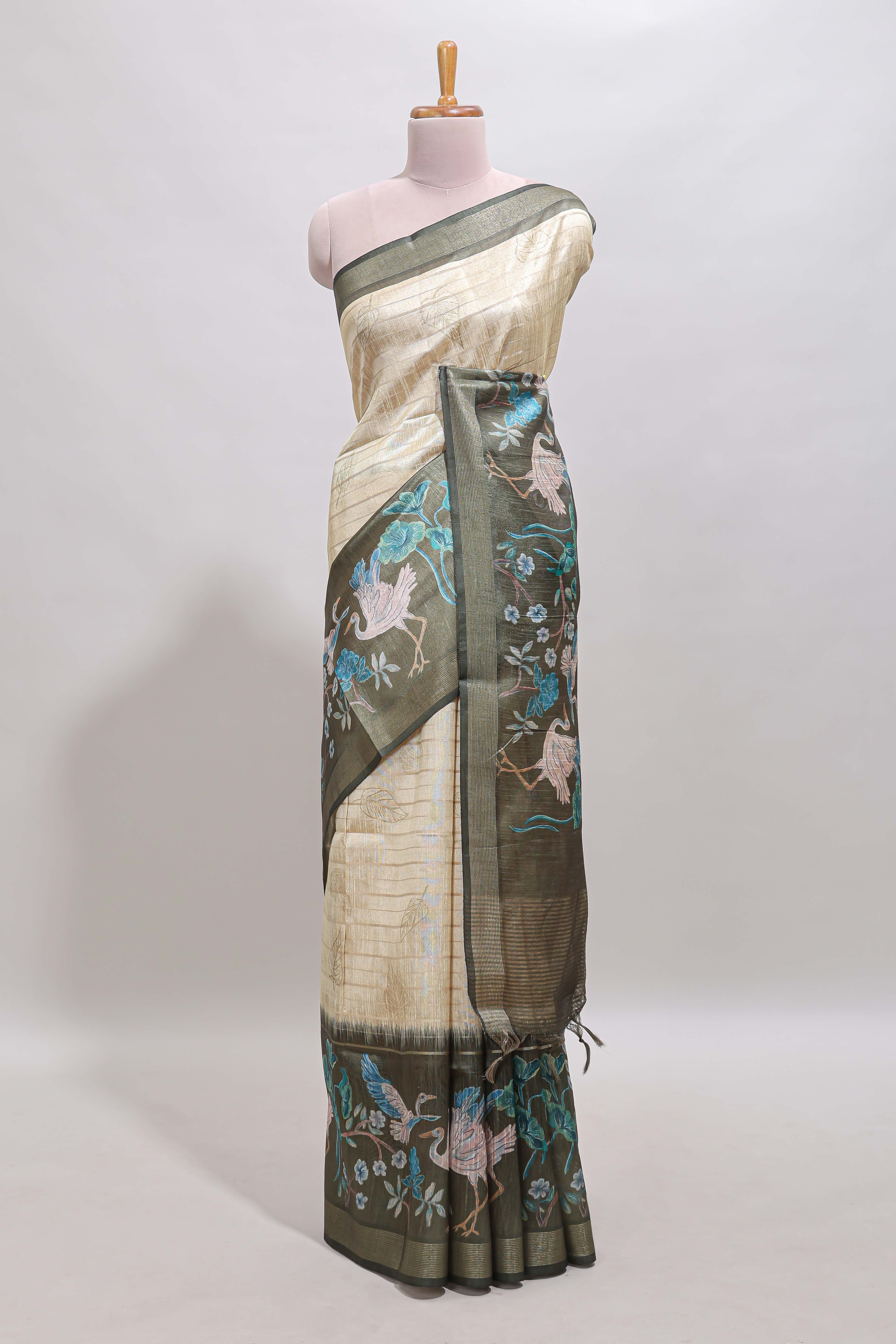 Green striped leaf design chanderi cotton saree with contrast floral & crane design border and blouse