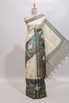 Green striped leaf design chanderi cotton saree with contrast floral & crane design border and blouse