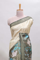 Green striped leaf design chanderi cotton saree with contrast floral & crane design border and blouse