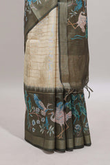 Green striped leaf design chanderi cotton saree with contrast floral & crane design border and blouse