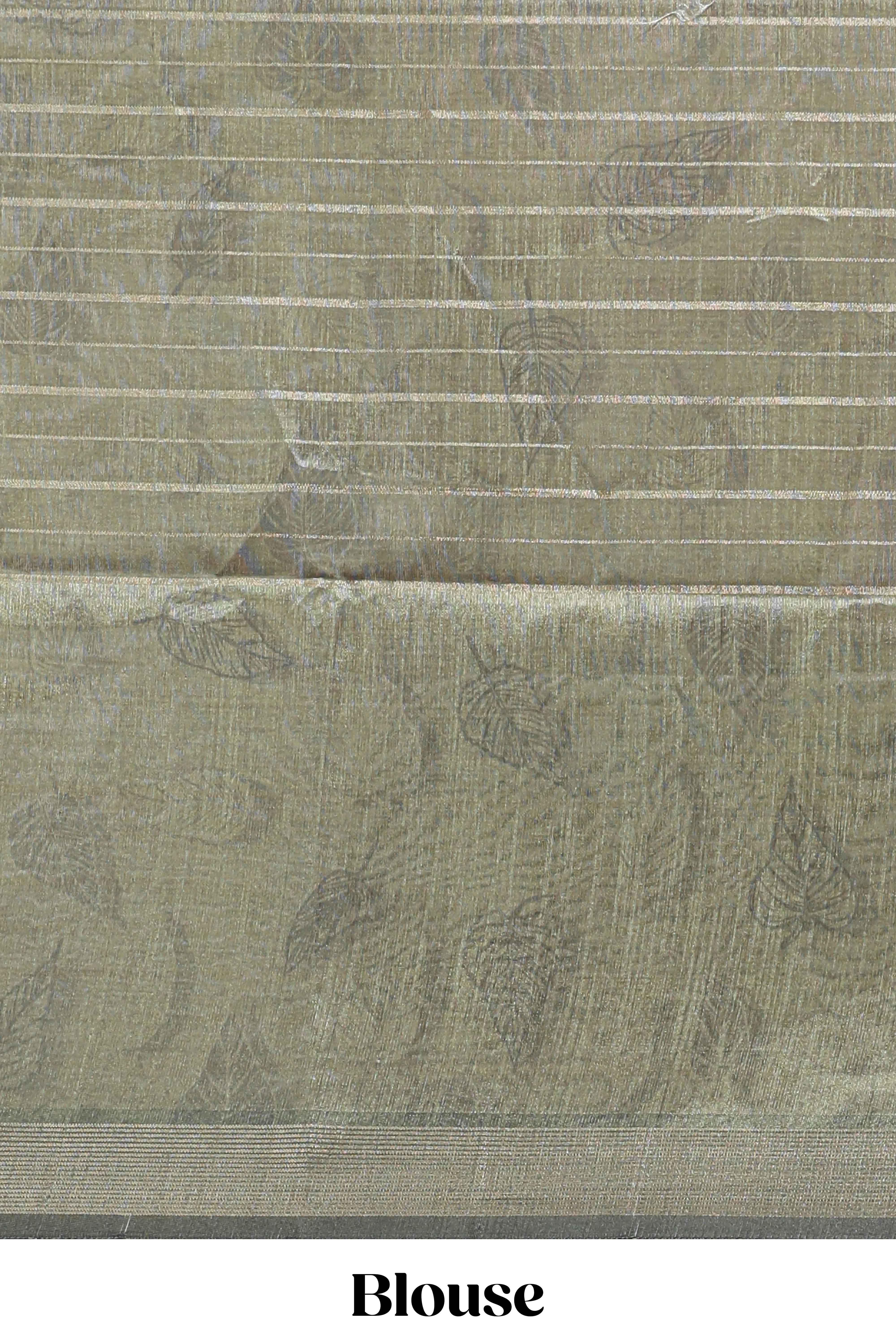 Green striped leaf design chanderi cotton saree with contrast floral & crane design border and blouse