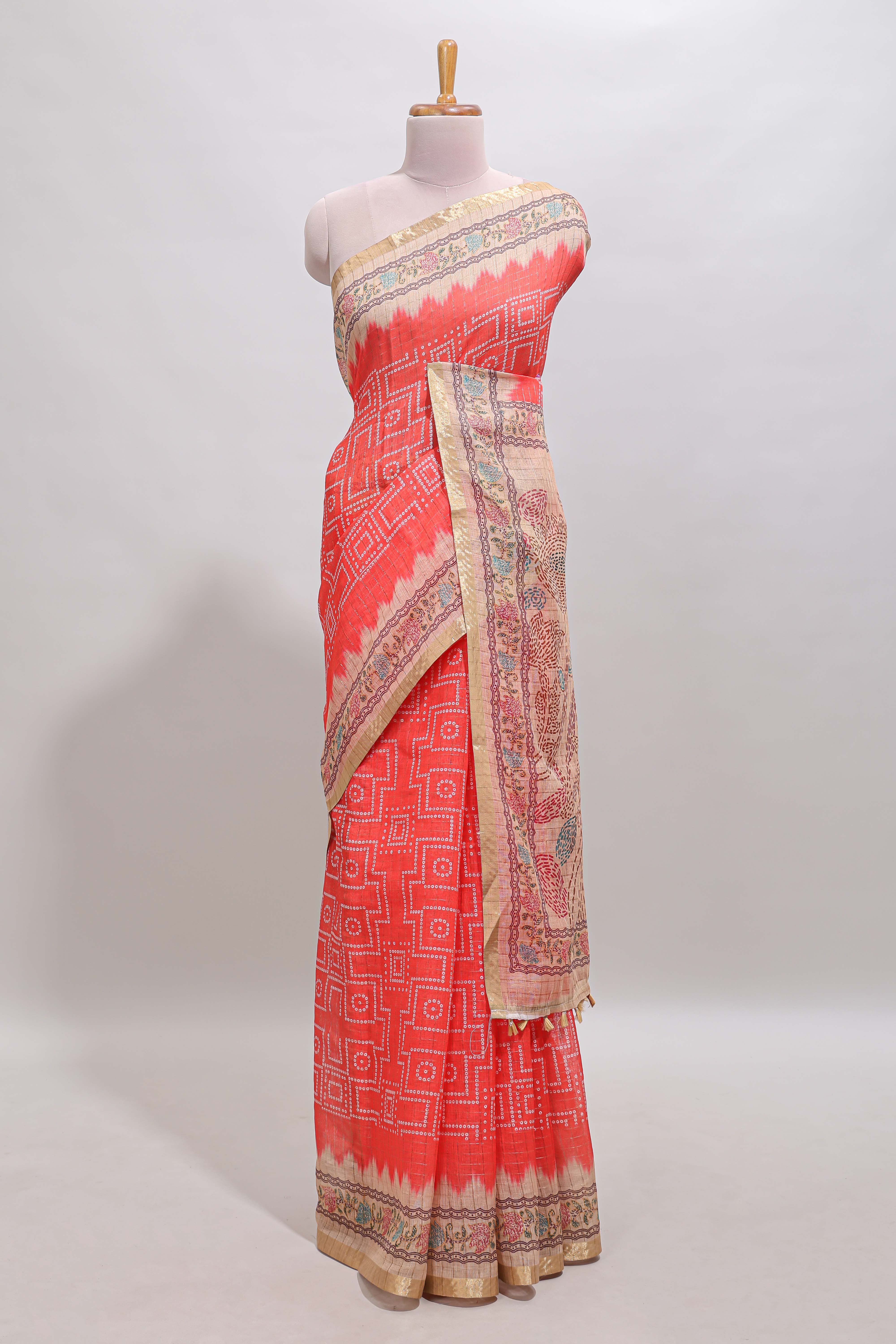 Pink checked bhandhini style chanderi cotton saree with contrast border and floral print blouse