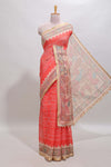 Pink checked bhandhini style chanderi cotton saree with contrast border and floral print blouse