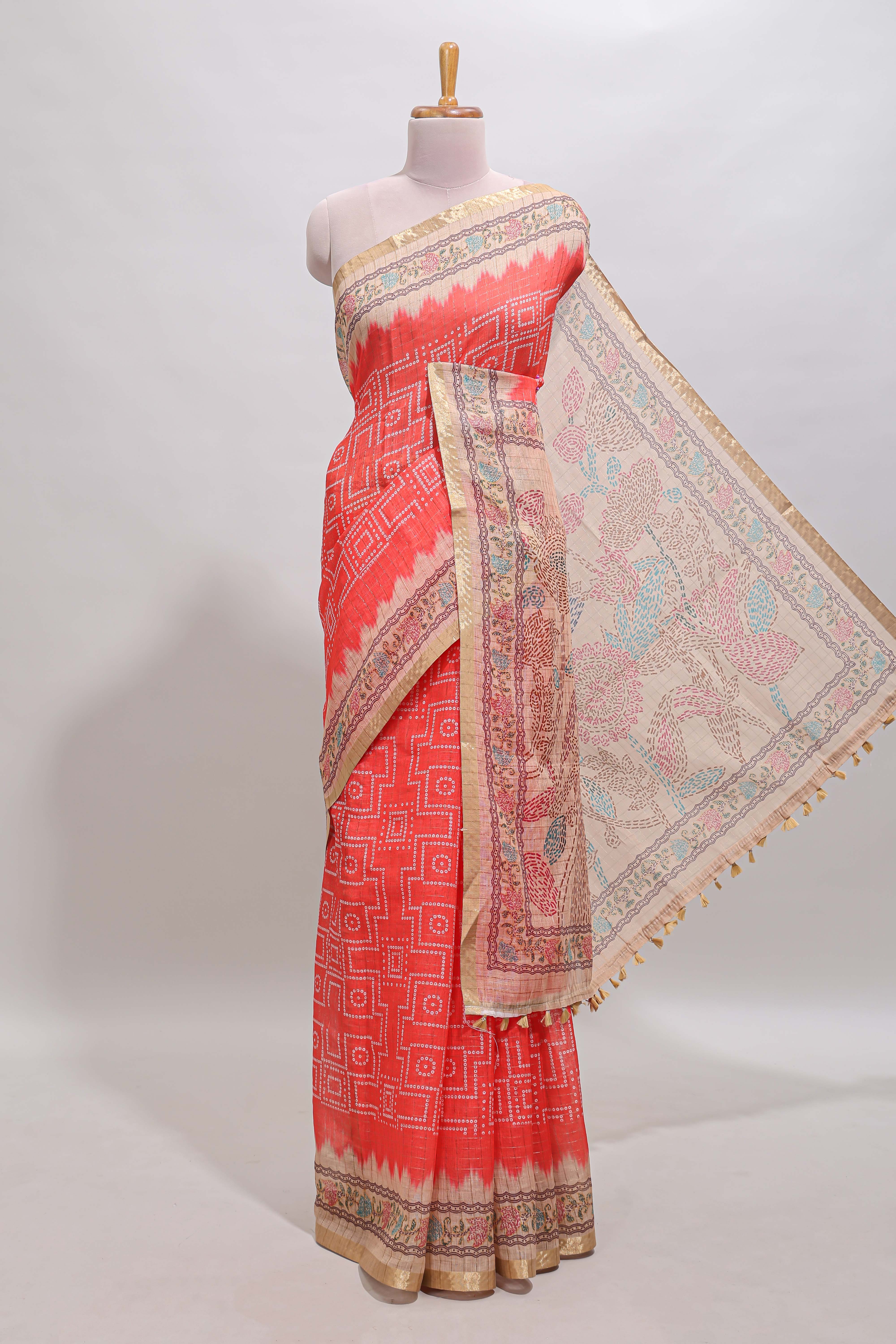 Pink checked bhandhini style chanderi cotton saree with contrast border and floral print blouse