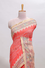 Pink checked bhandhini style chanderi cotton saree with contrast border and floral print blouse