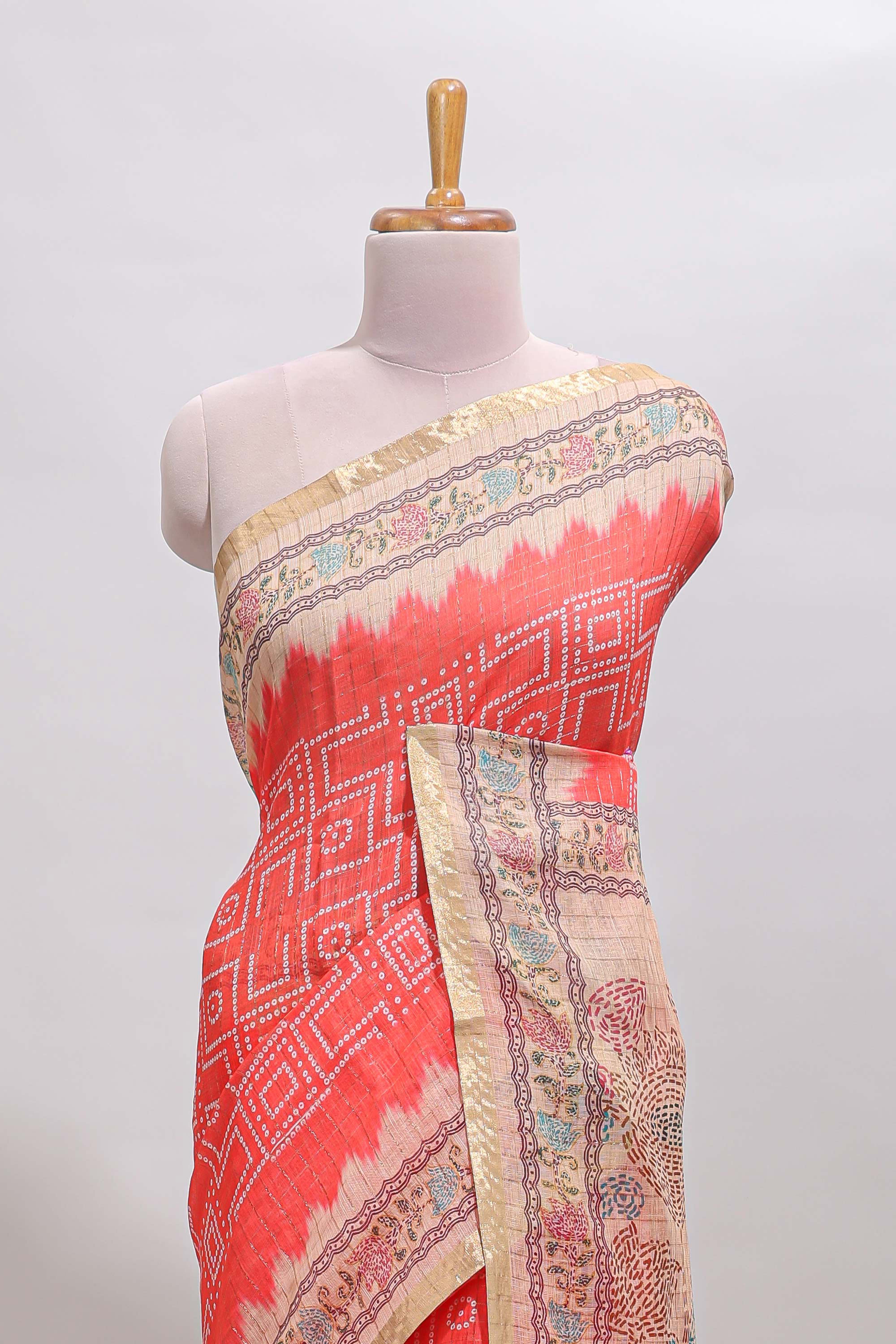 Pink checked bhandhini style chanderi cotton saree with contrast border and floral print blouse