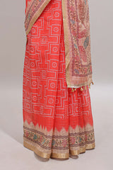 Pink checked bhandhini style chanderi cotton saree with contrast border and floral print blouse