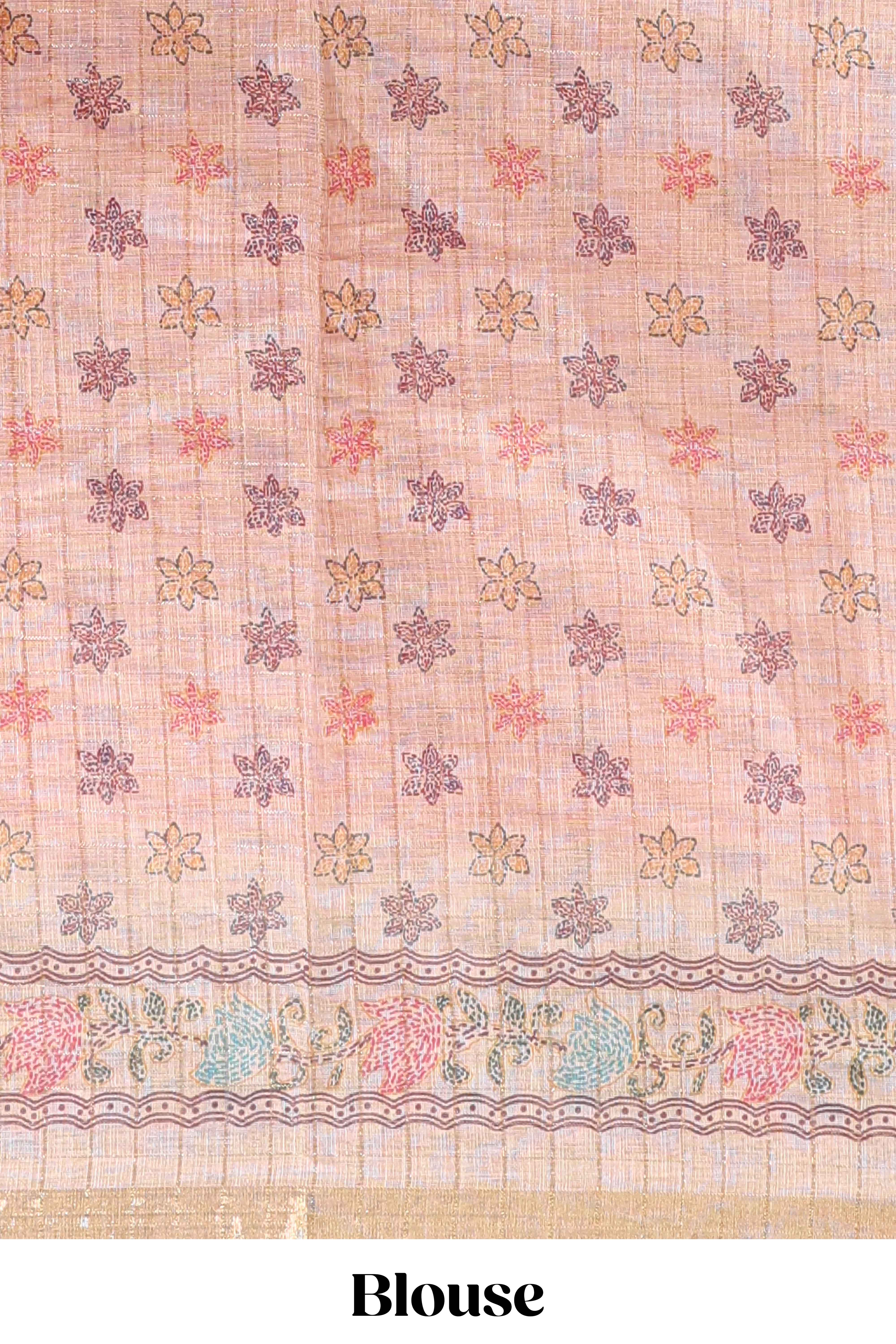 Pink checked bhandhini style chanderi cotton saree with contrast border and floral print blouse