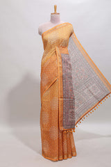 Mustard bhandhini style floral design chanderi cotton saree with self zari border and contrast printed blouse