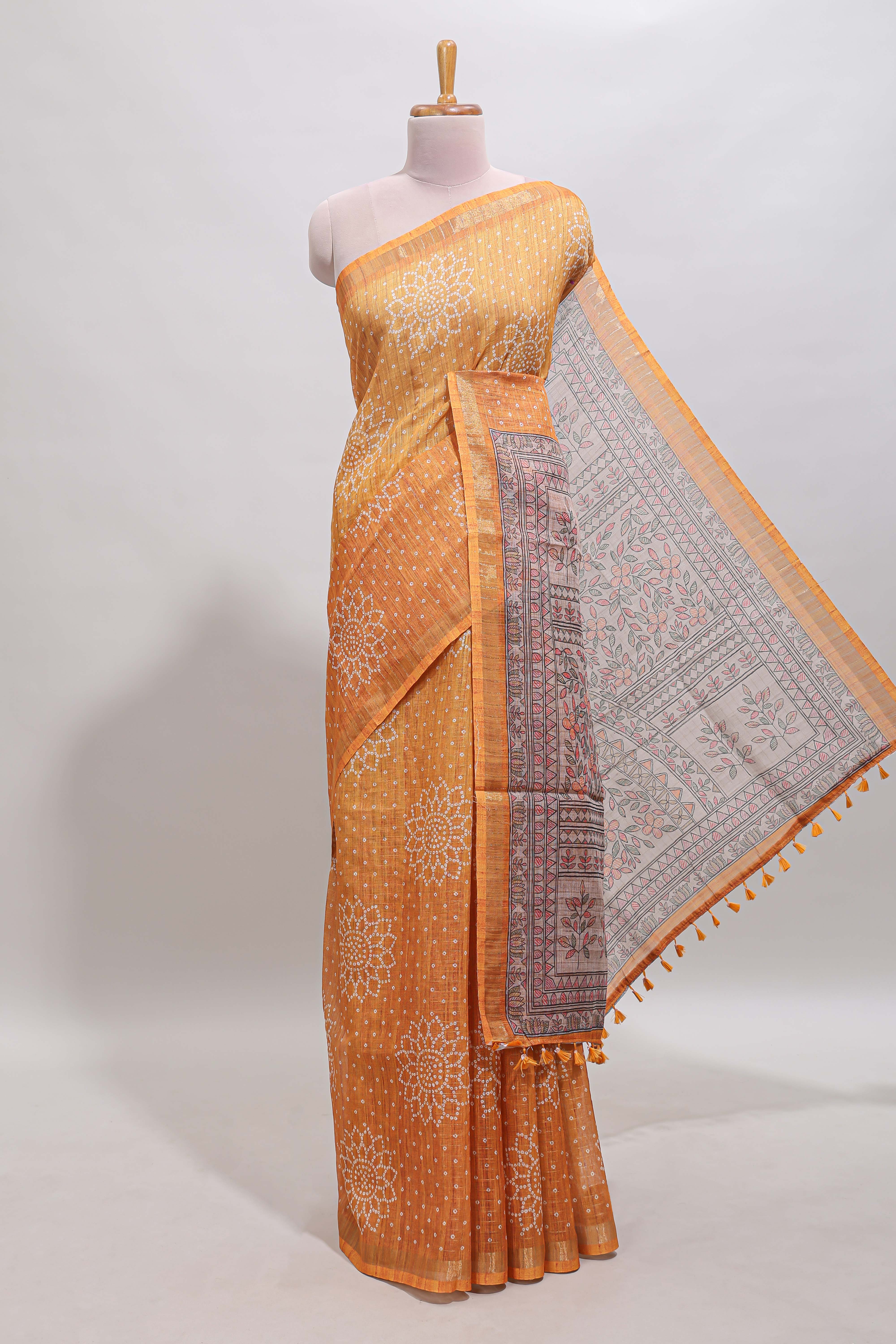 Mustard bhandhini style floral design chanderi cotton saree with self zari border and contrast printed blouse