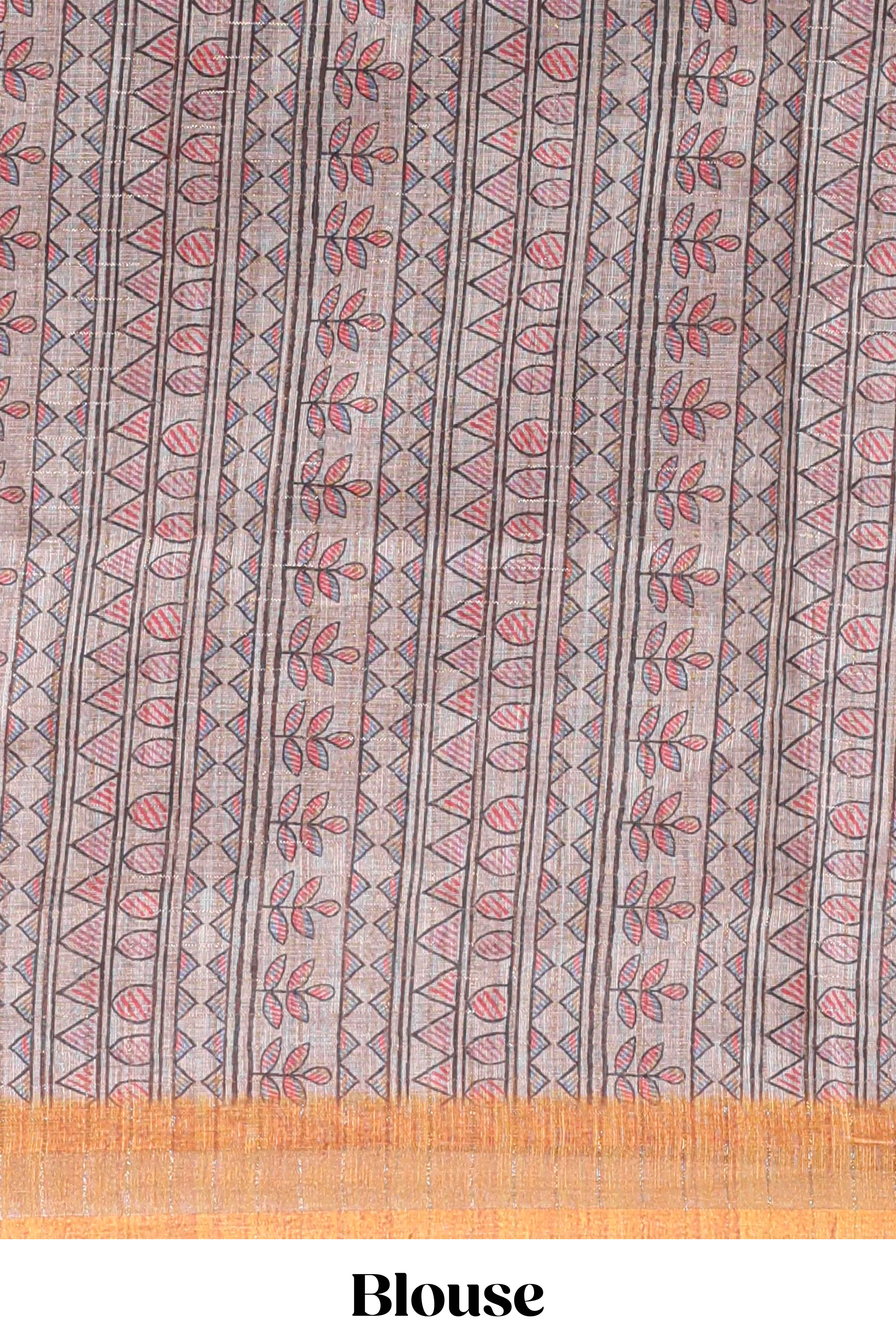 Mustard bhandhini style floral design chanderi cotton saree with self zari border and contrast printed blouse