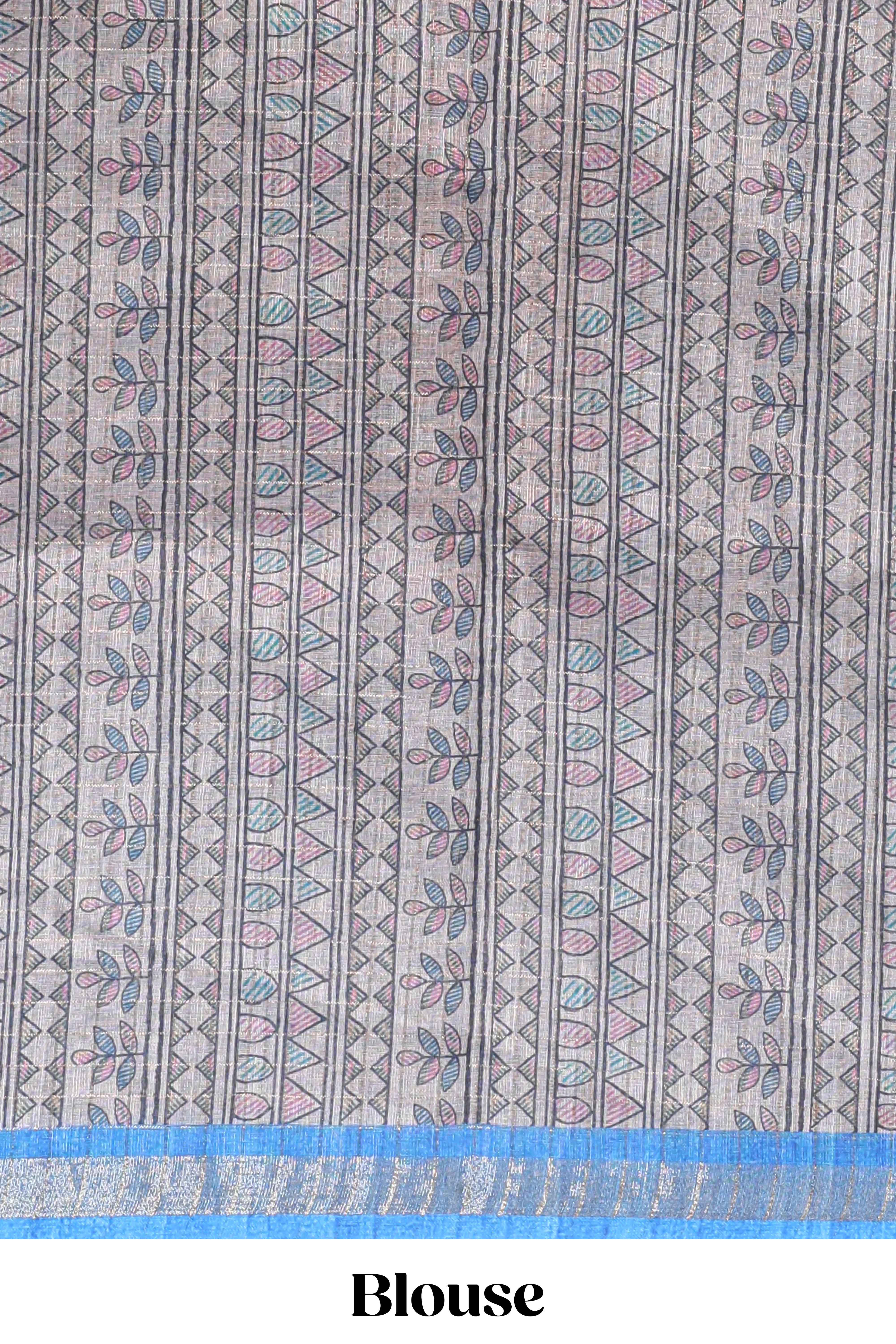 Blue bhandhini style floral design chanderi cotton saree with self zari border and contrast printed blouse