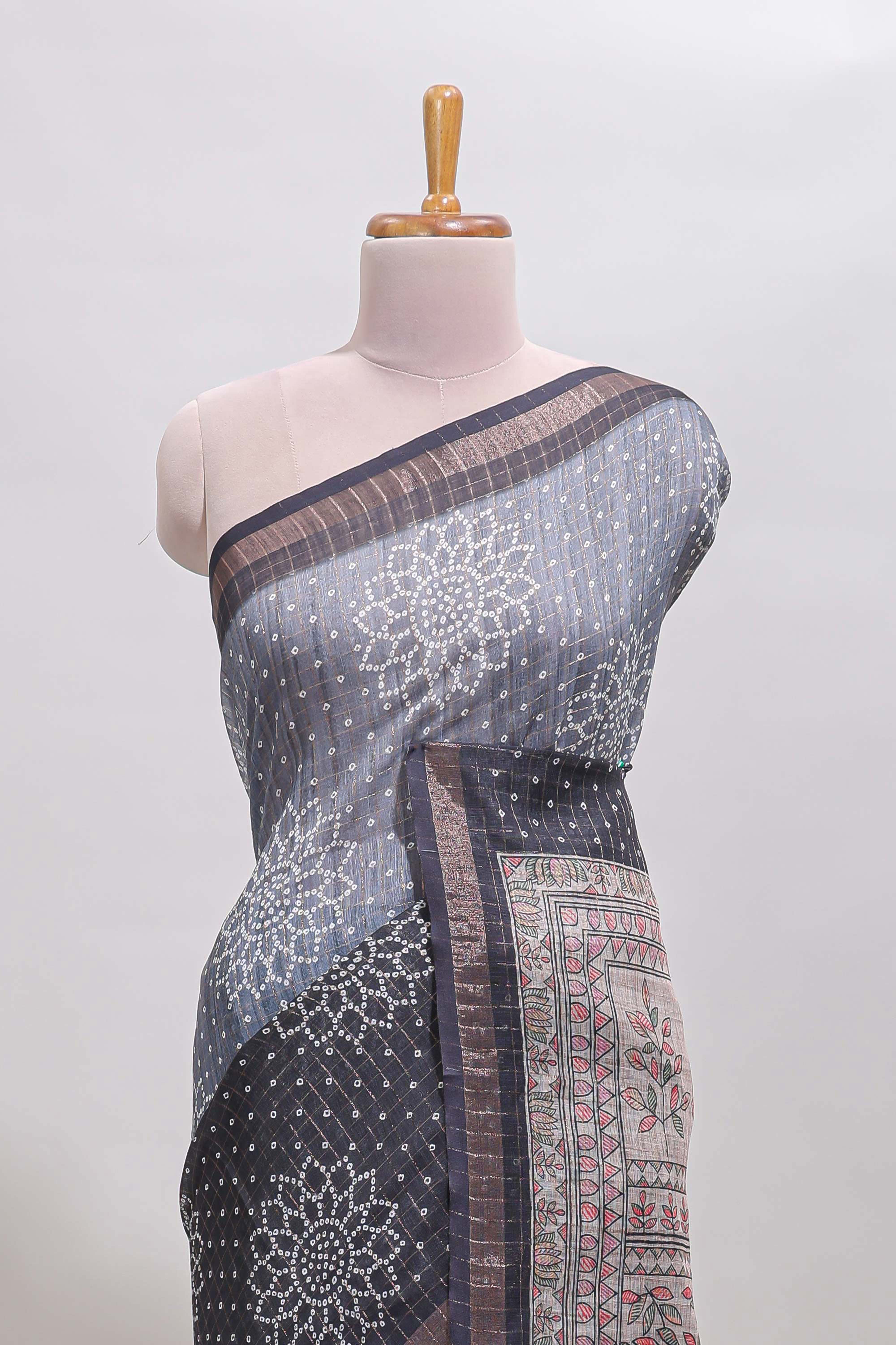 Dual shade bhandhini style floral design chanderi cotton saree with self zari border and contrast printed blouse