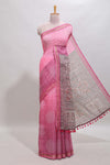 Pink bhandhini style floral design chanderi cotton saree with self zari border and contrast printed blouse