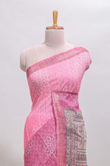 Pink bhandhini style floral design chanderi cotton saree with self zari border and contrast printed blouse