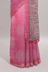 Pink bhandhini style floral design chanderi cotton saree with self zari border and contrast printed blouse