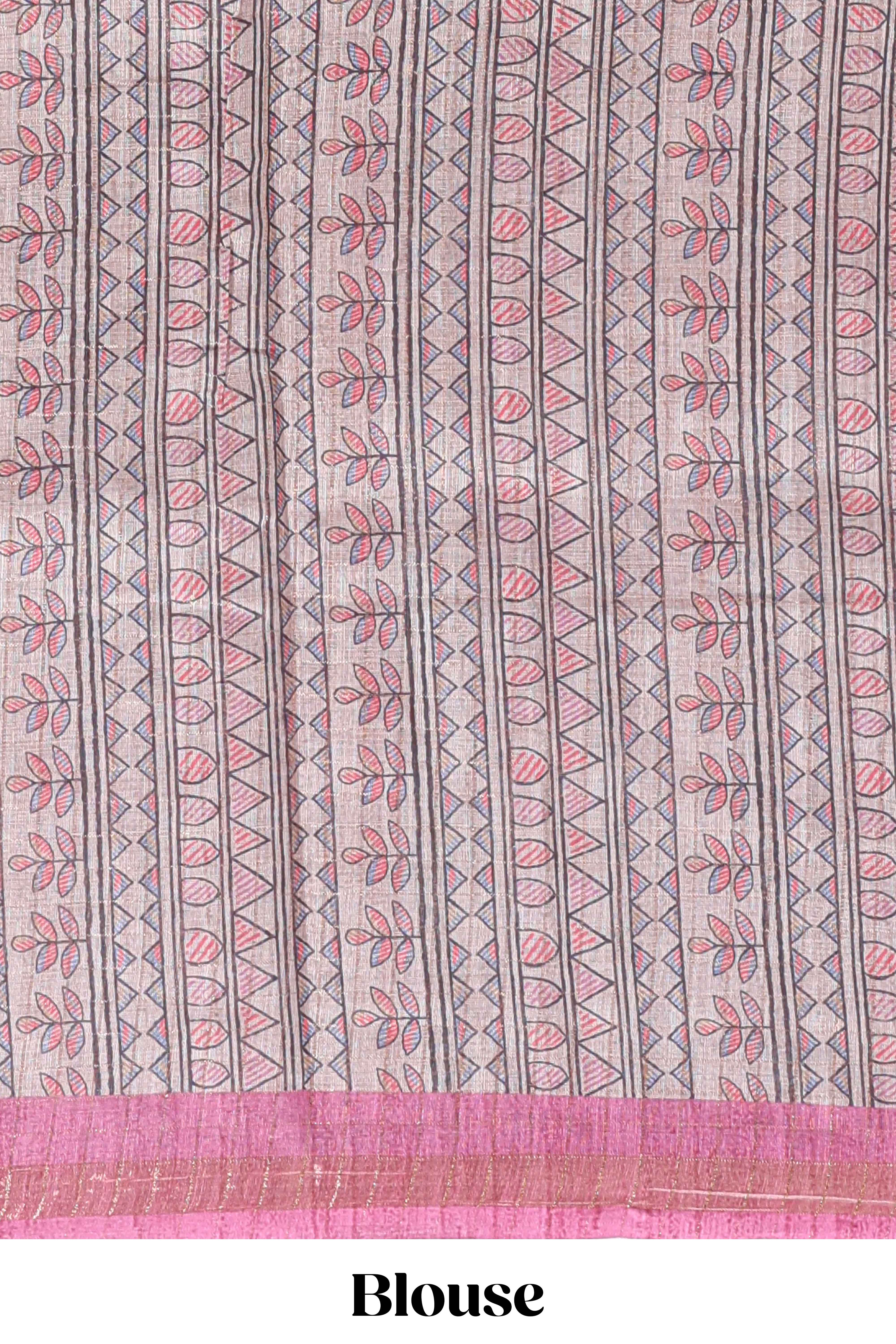 Pink bhandhini style floral design chanderi cotton saree with self zari border and contrast printed blouse