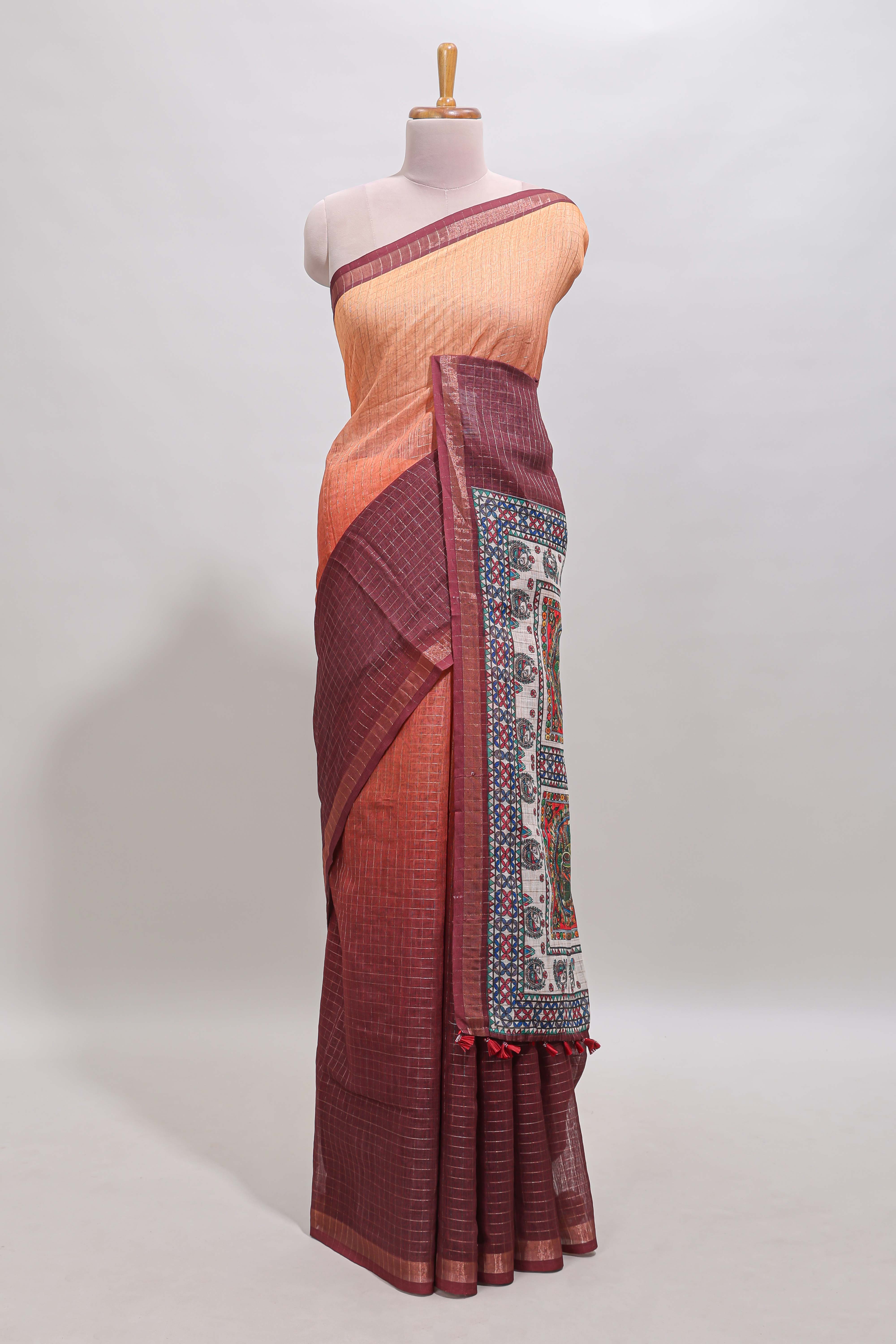 Orange & maroon dual shade checked floral design chanderi cotton saree with self zari border and matching blouse