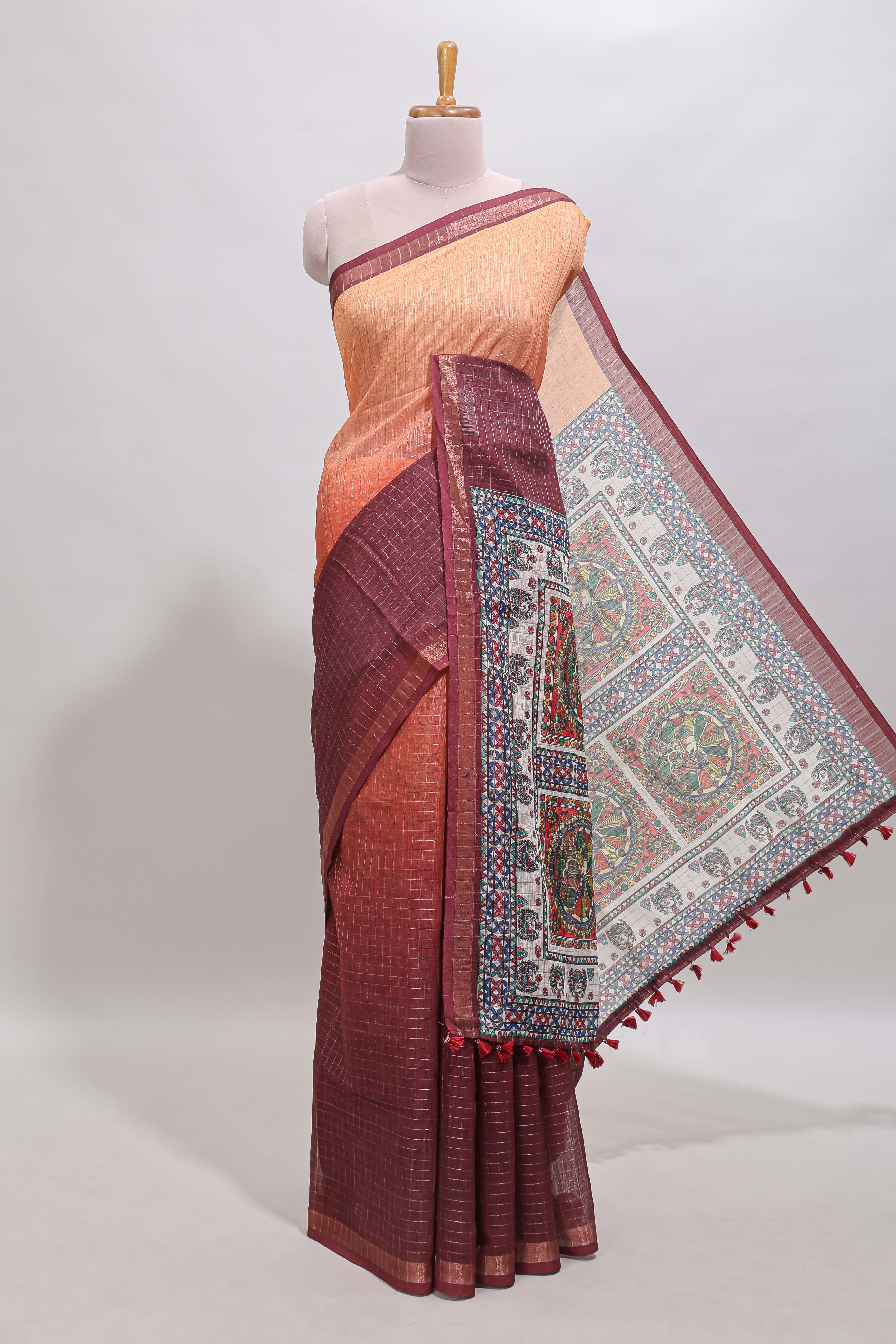Orange & maroon dual shade checked floral design chanderi cotton saree with self zari border and matching blouse