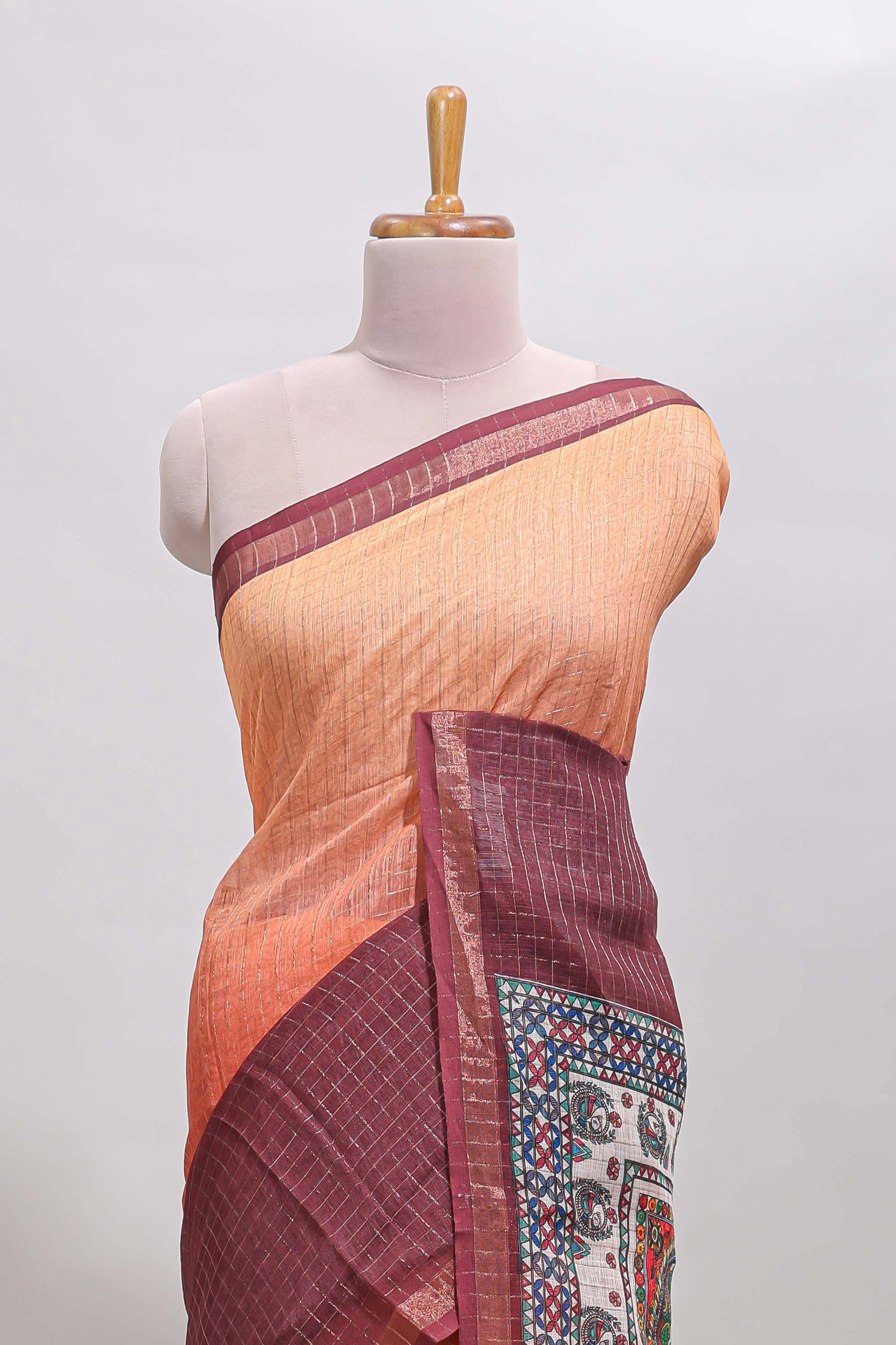Orange & maroon dual shade checked floral design chanderi cotton saree with self zari border and matching blouse