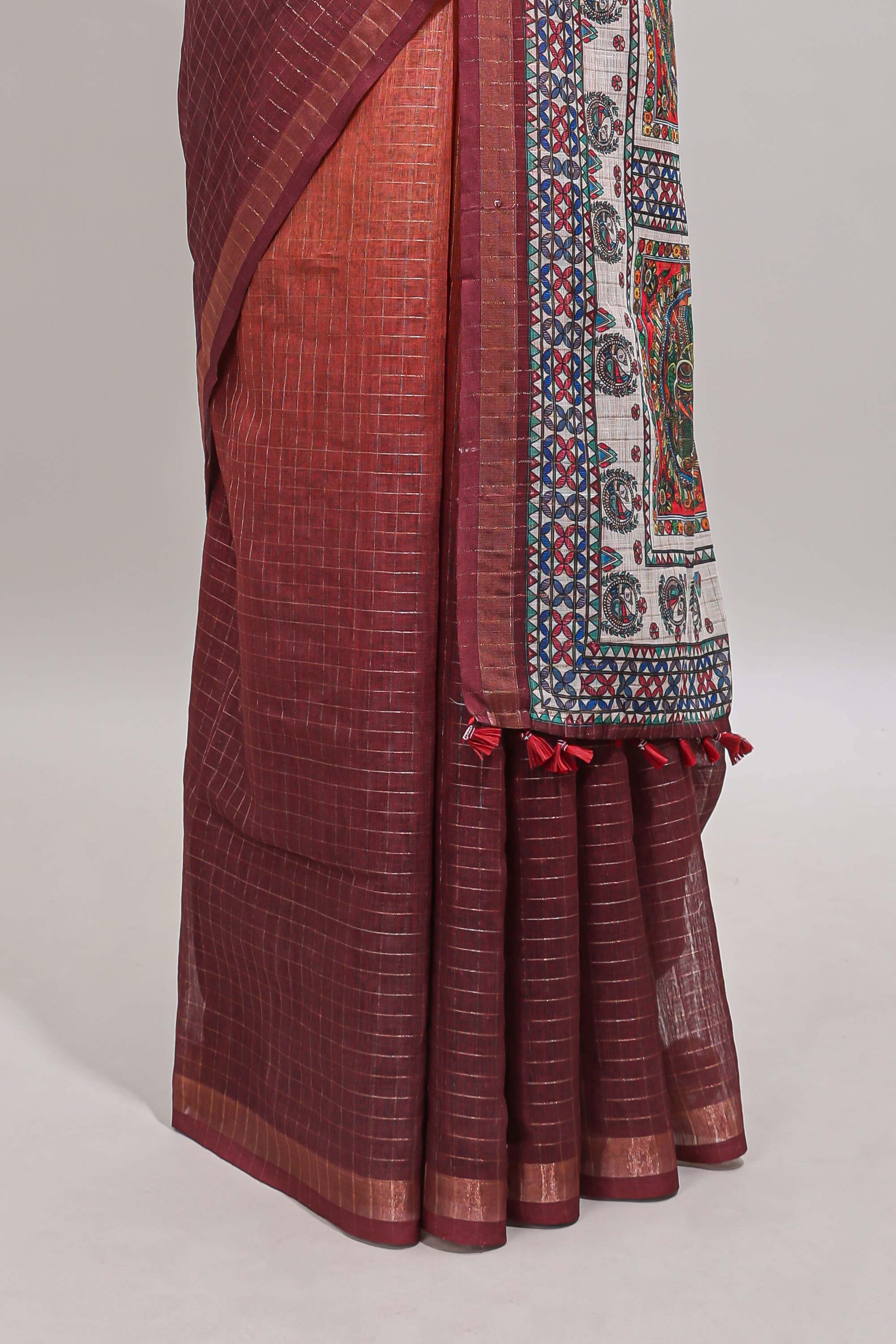 Orange & maroon dual shade checked floral design chanderi cotton saree with self zari border and matching blouse