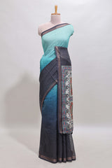 Blue & dark blue dual shade checked floral design chanderi cotton saree with self zari border and matching blouse