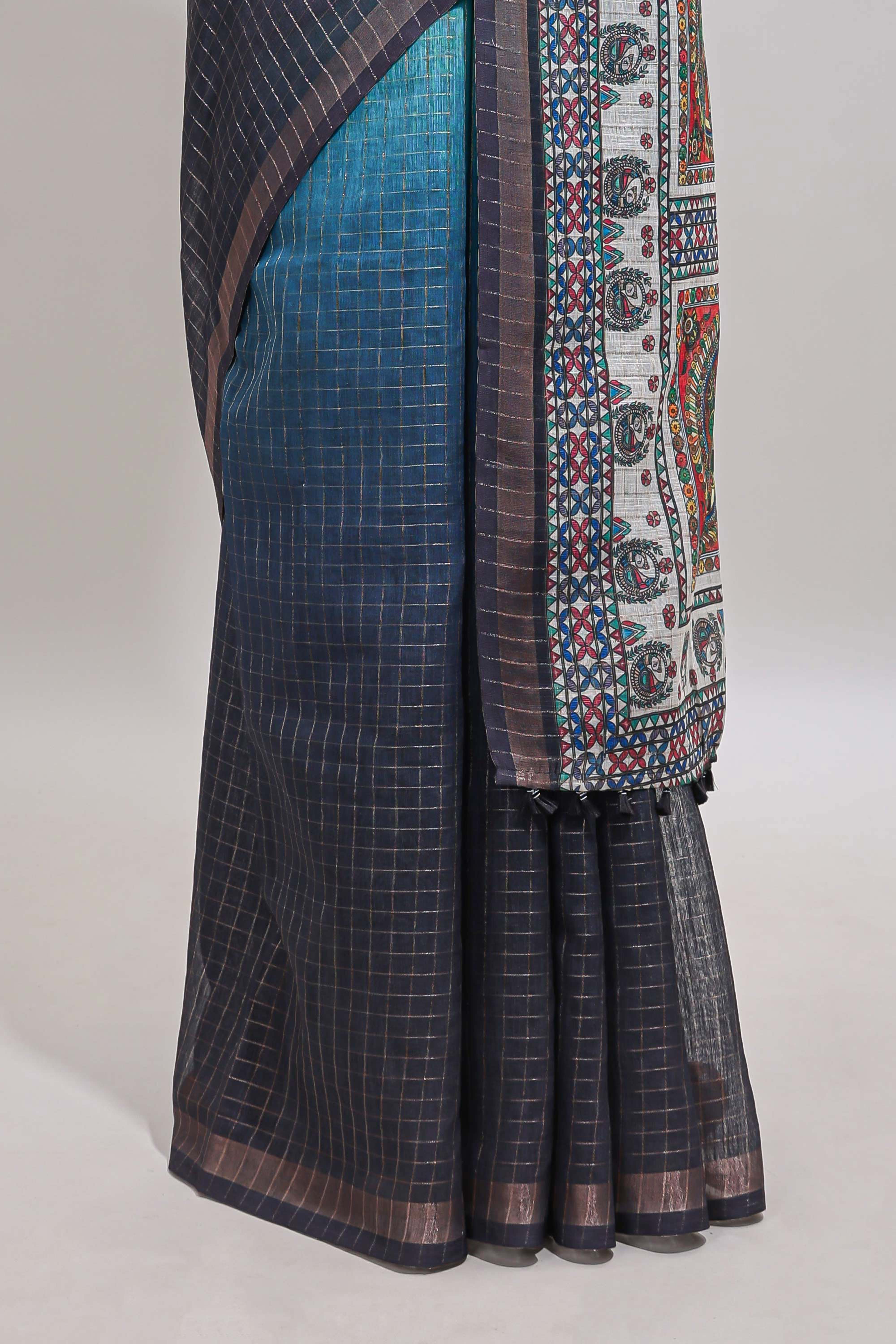 Blue & dark blue dual shade checked floral design chanderi cotton saree with self zari border and matching blouse