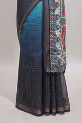 Blue & dark blue dual shade checked floral design chanderi cotton saree with self zari border and matching blouse