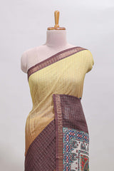 Lime yellow & brown dual shade checked floral design chanderi cotton saree with self zari border and matching blouse