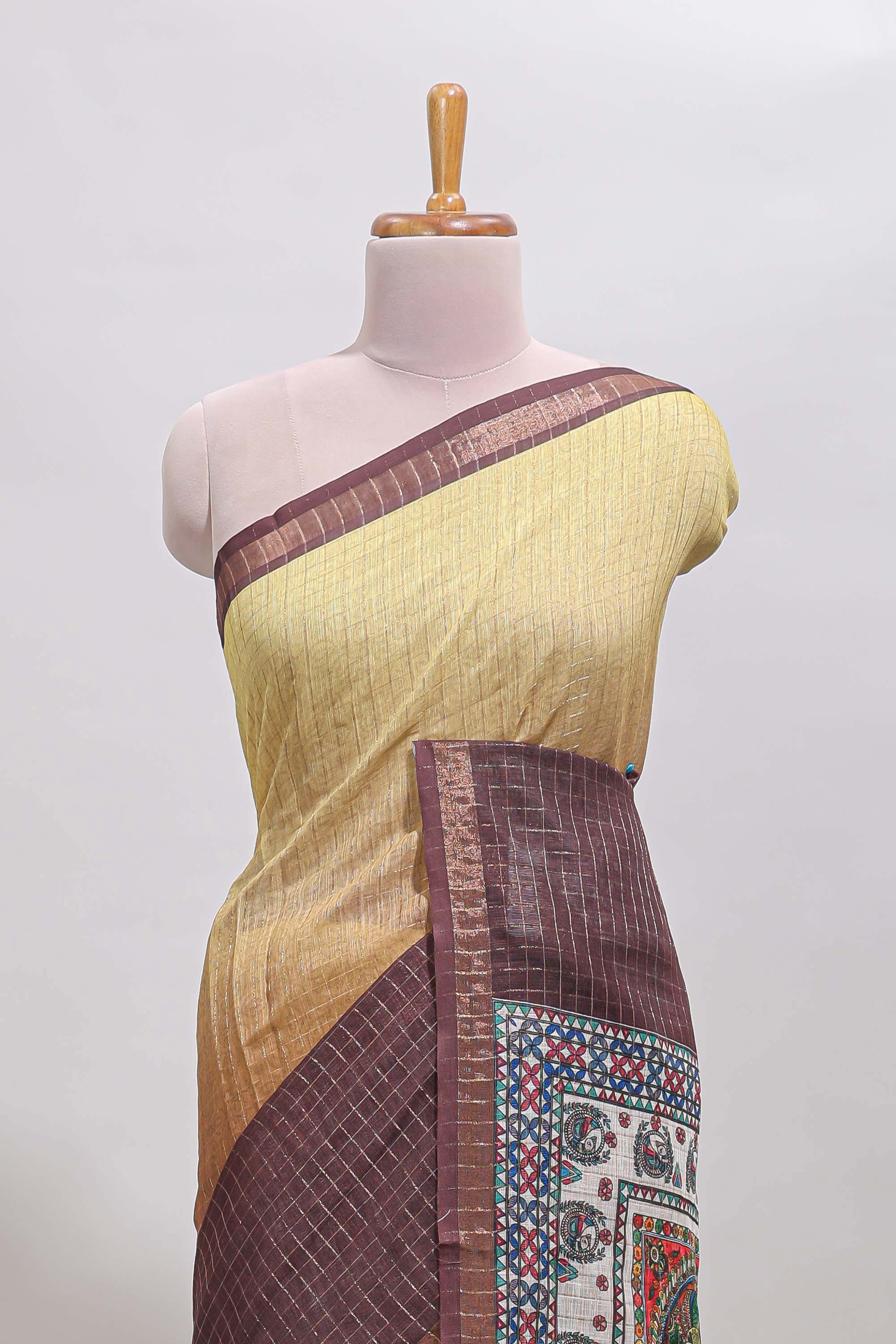 Lime yellow & brown dual shade checked floral design chanderi cotton saree with self zari border and matching blouse