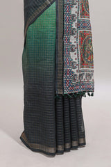 Green & dark green dual shade checked floral design chanderi cotton saree with self zari border and matching blouse