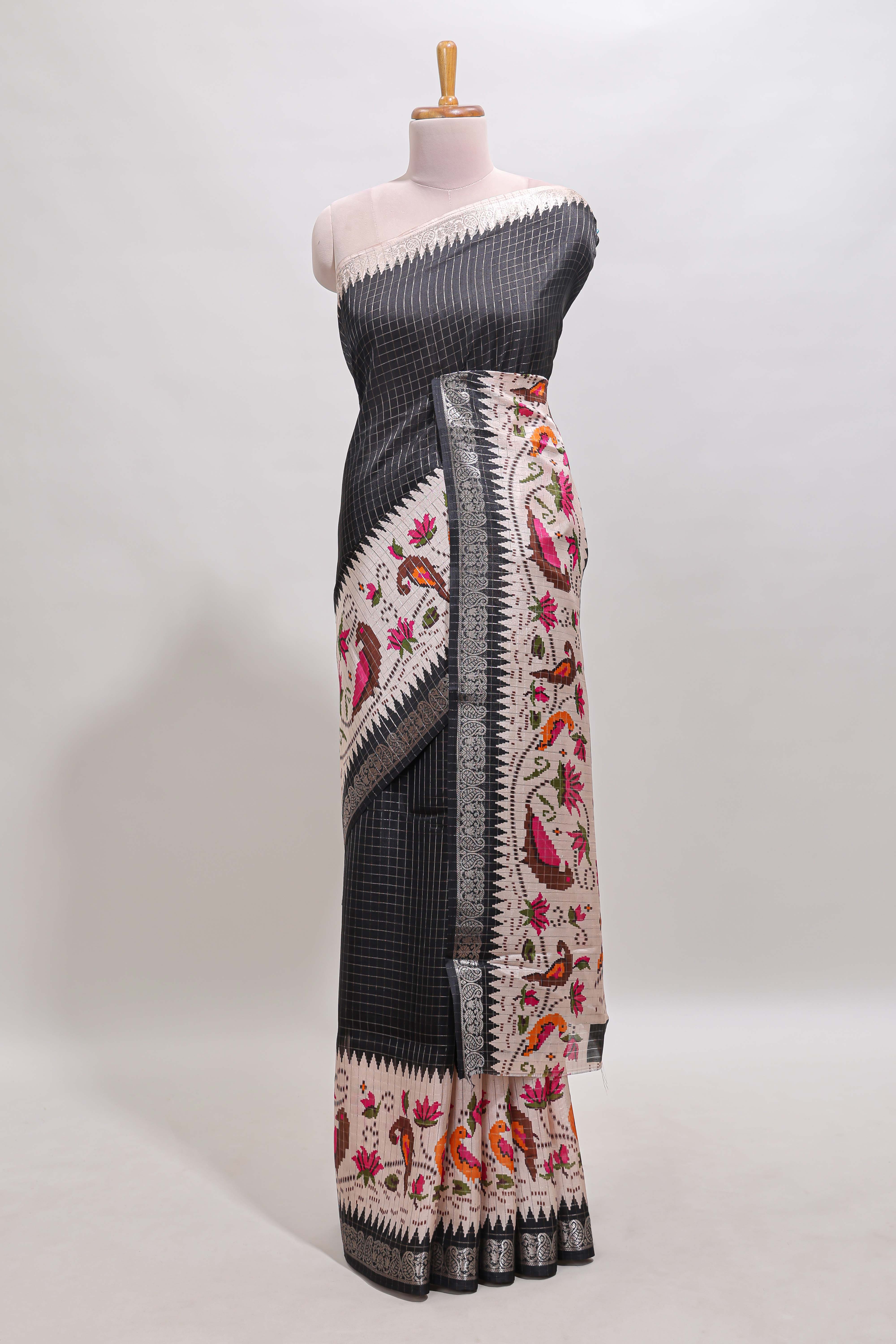 Black checked ikkat style birds & floral design chanderi cotton saree with self border and contrast blouse