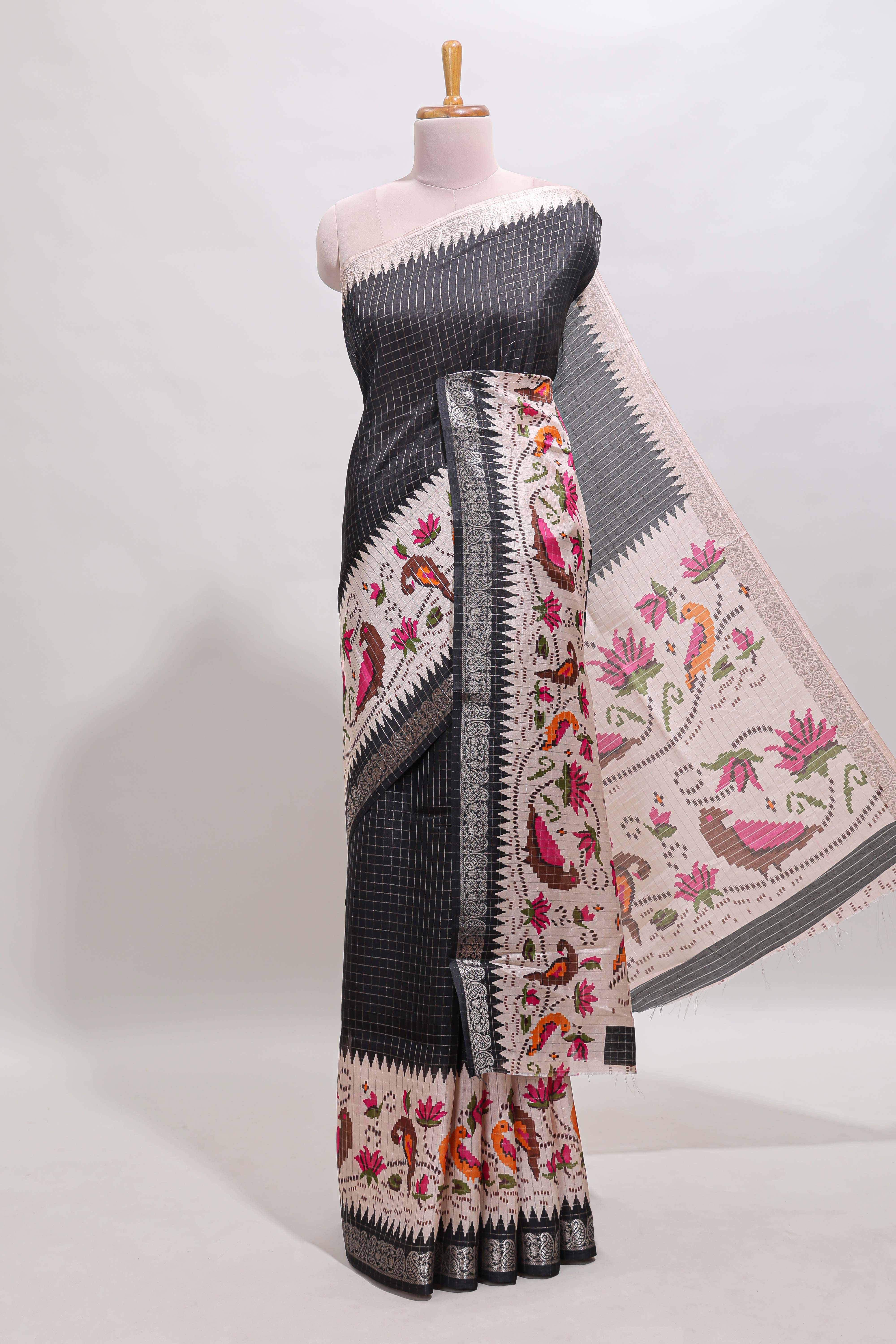 Black checked ikkat style birds & floral design chanderi cotton saree with self border and contrast blouse