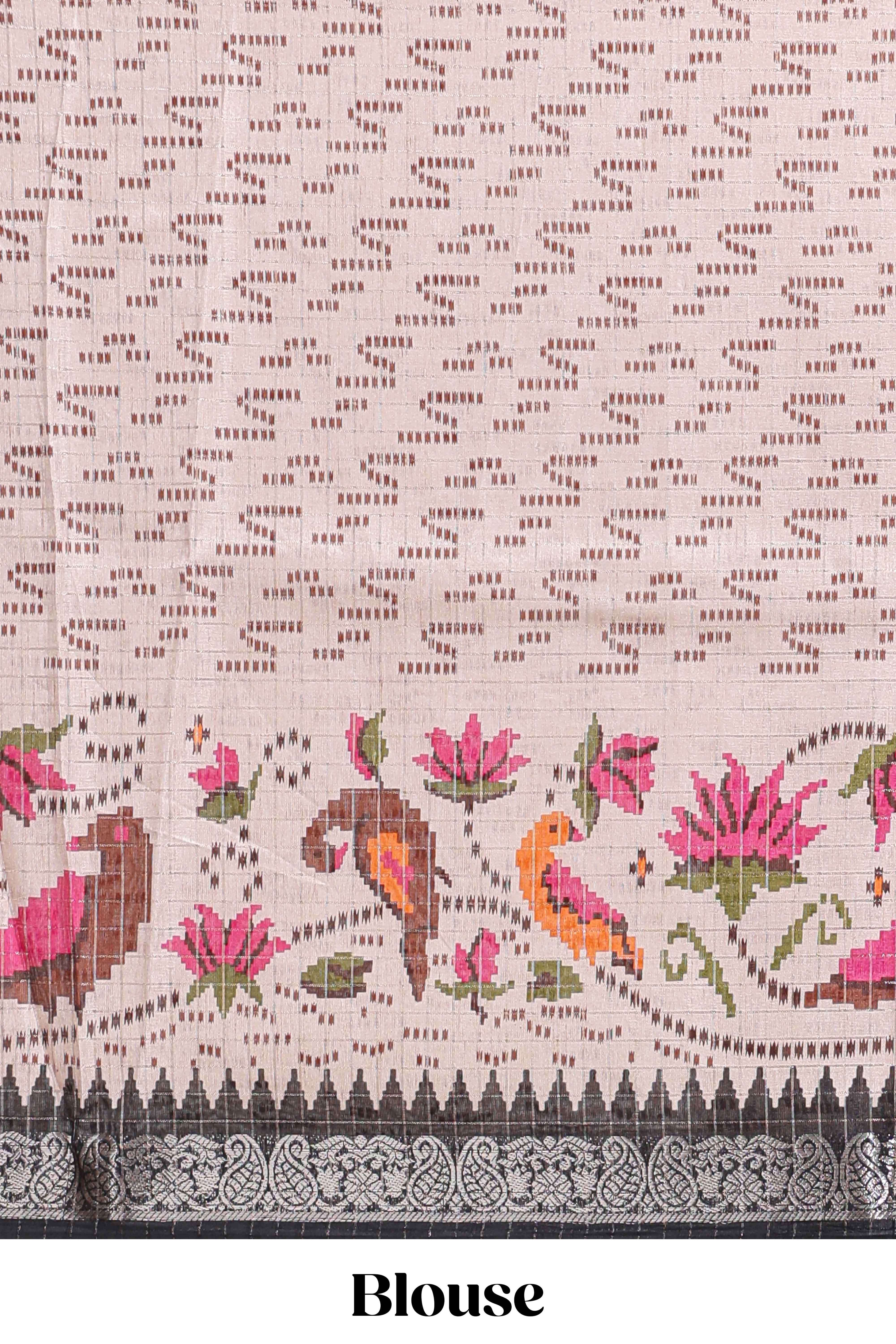 Black checked ikkat style birds & floral design chanderi cotton saree with self border and contrast blouse