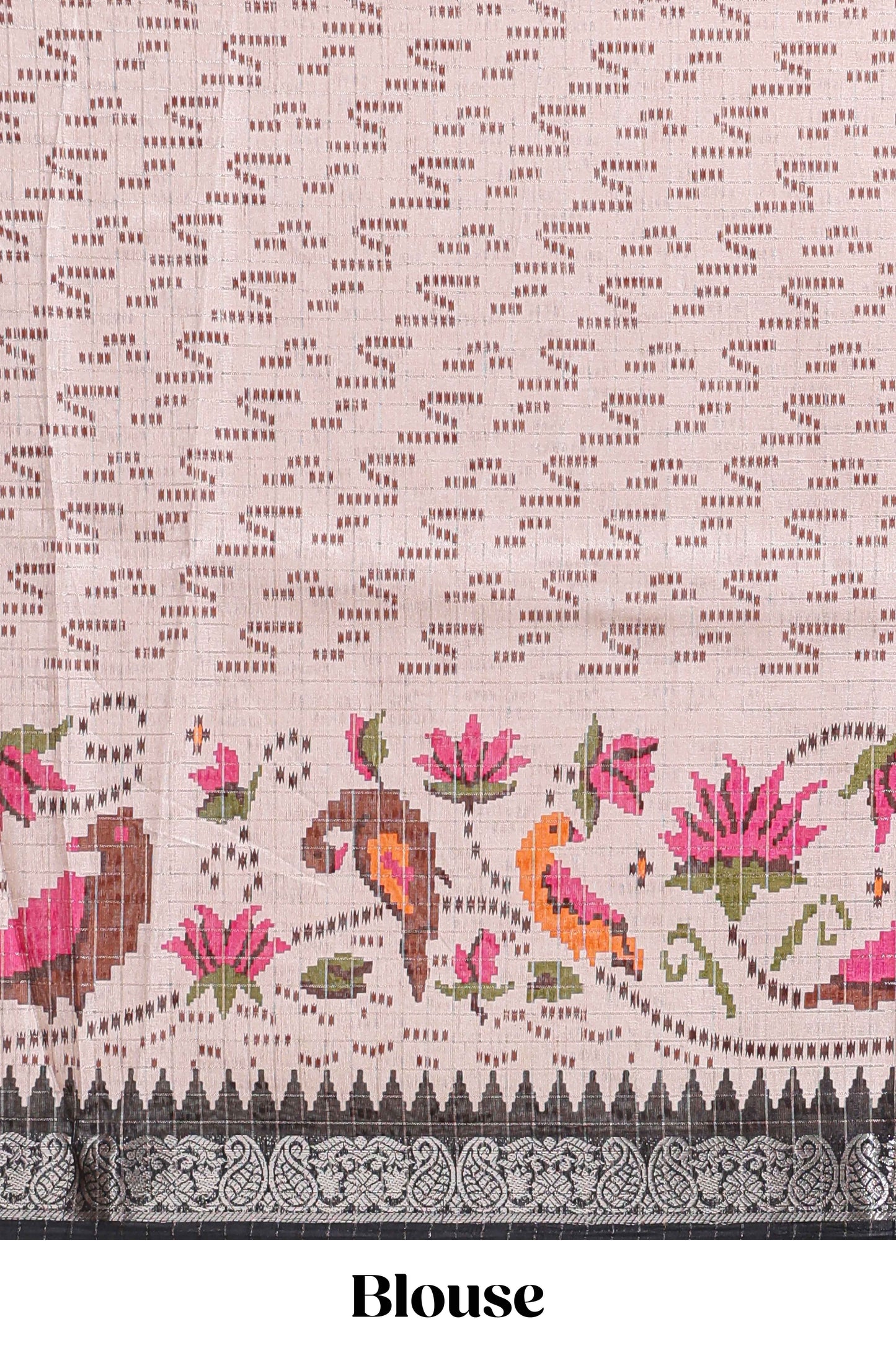 Black checked ikkat style birds & floral design chanderi cotton saree with self border and contrast blouse
