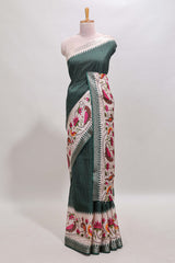 Green checked ikkat style birds & floral design chanderi cotton saree with self border and contrast blouse
