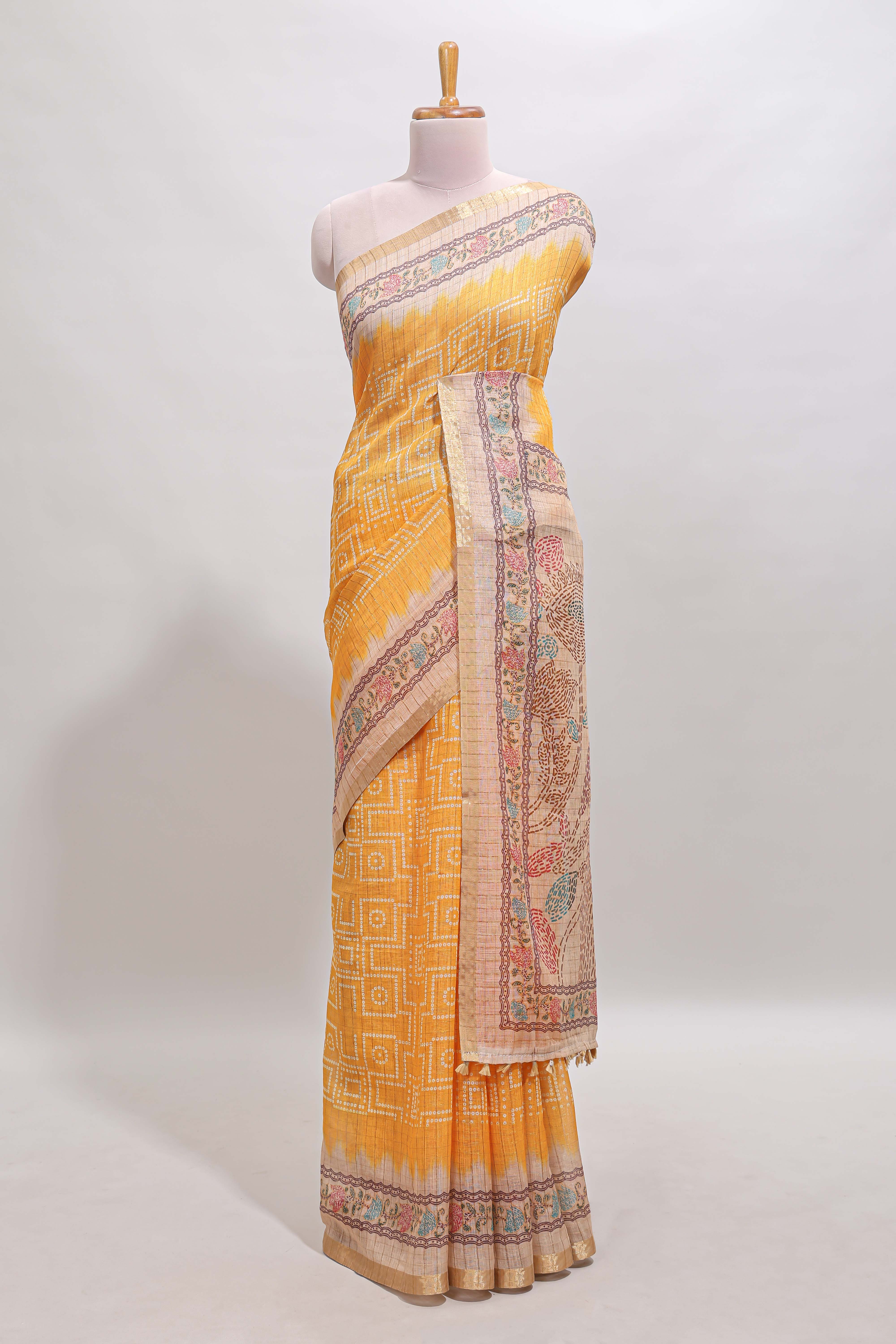 Yellow bhandhini style geometric design chanderi cotton saree with contrast border and blouse